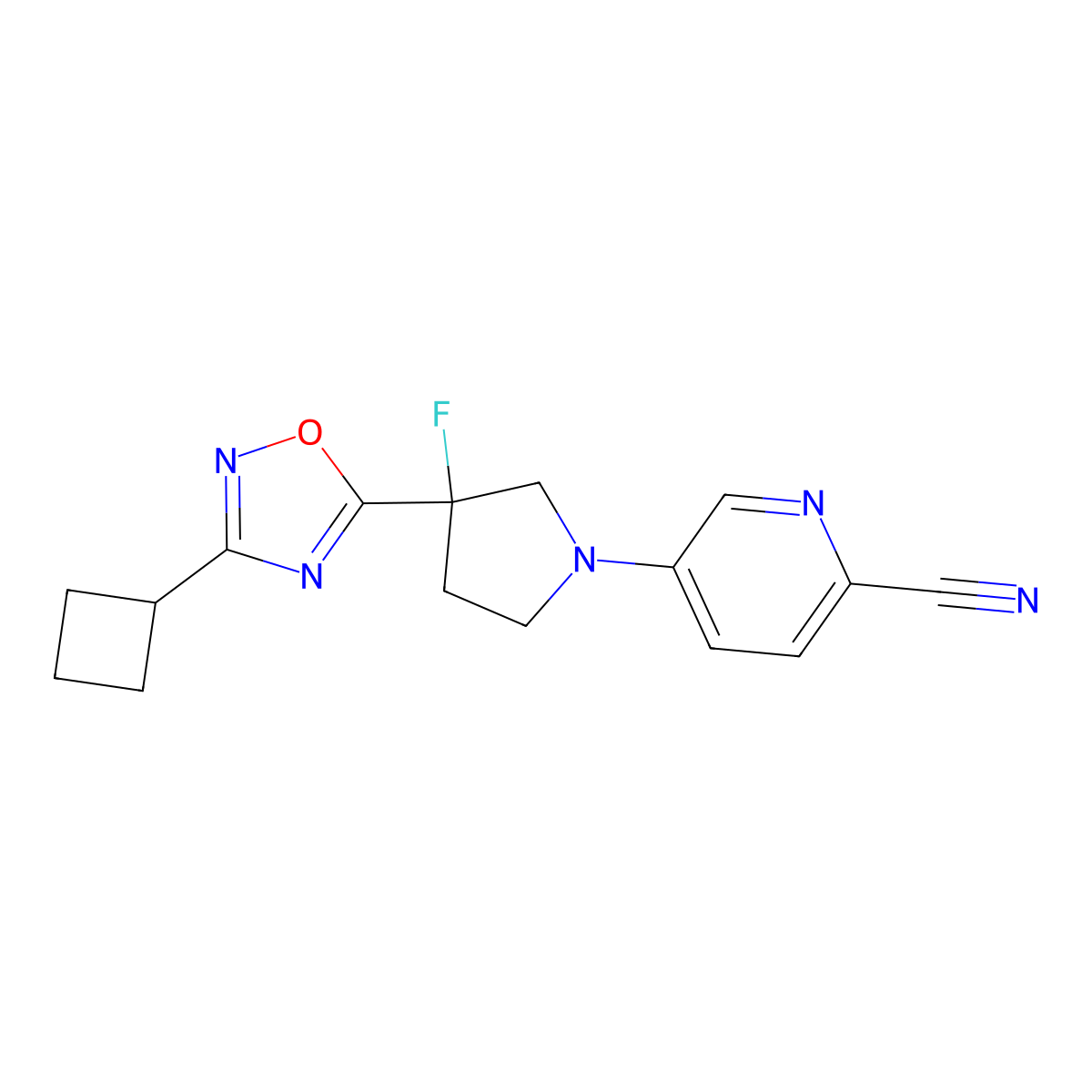 5-[3-(3-Cyclobutyl-1,2,4-oxadiazol-5-yl)-3-fluoropyrrolidin-1-yl]pyridine-2-carbonitrile molecular structure, CAS 3054539-55-5