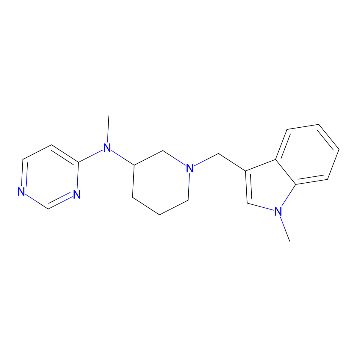 N-methyl-N-{1-[(1-methyl-1H-indol-3-yl)methyl]piperidin-3-yl}pyrimidin-4-amine molecular structure, CAS 3054539-58-8