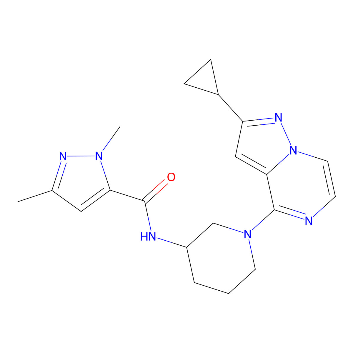 N-(1-{2-cyclopropylpyrazolo[1,5-a]pyrazin-4-yl}piperidin-3-yl)-1,3-dimethyl-1H-pyrazole-5-carboxamide molecular structure, CAS 3054539-61-3