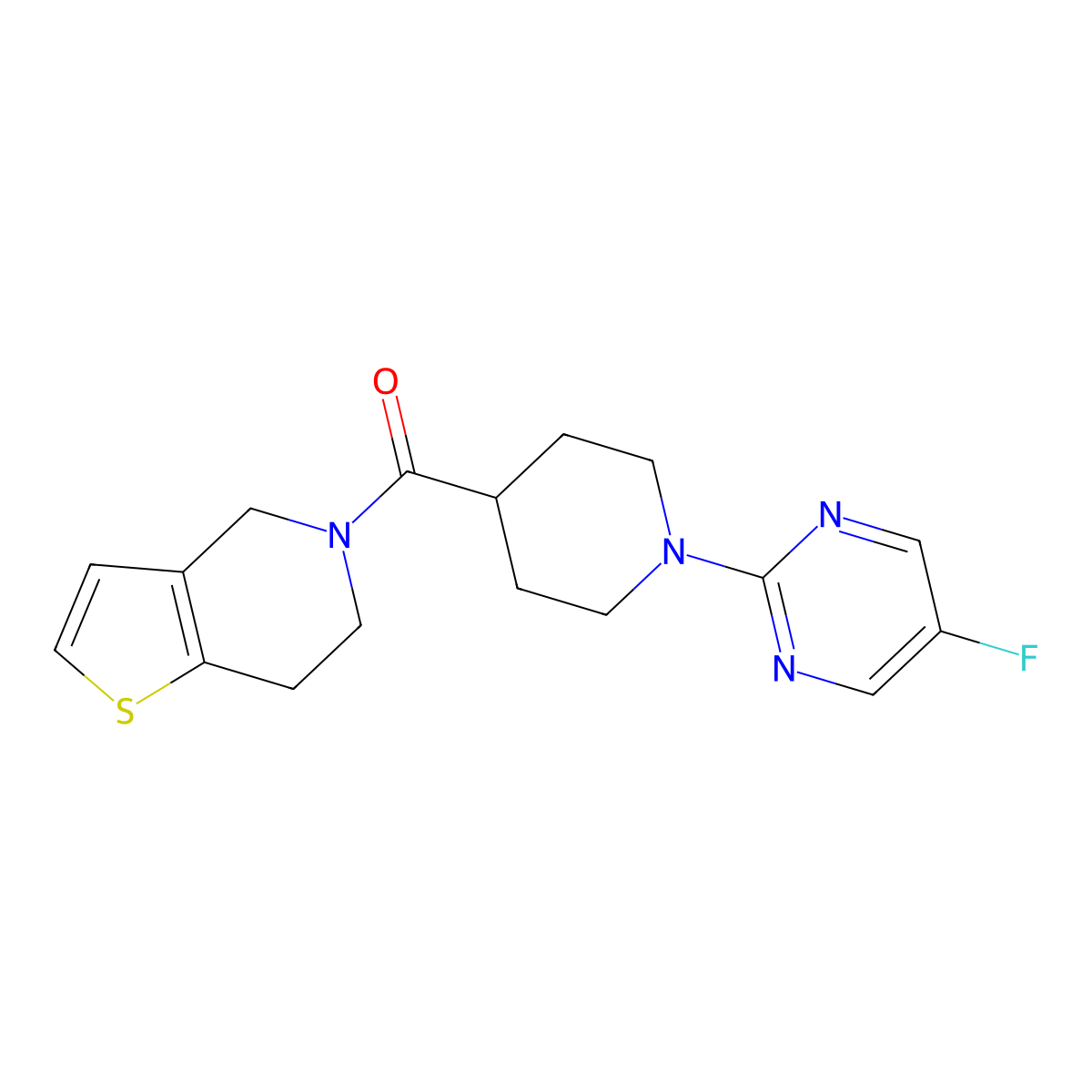 5-fluoro-2-(4-{4H,5H,6H,7H-thieno[3,2-c]pyridine-5-carbonyl}piperidin-1-yl)pyrimidine molecular structure, CAS 3054539-65-7