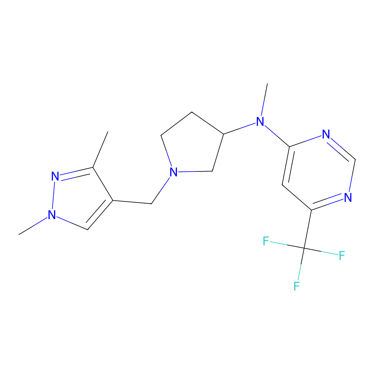 N-{1-[(1,3-dimethyl-1H-pyrazol-4-yl)methyl]pyrrolidin-3-yl}-N-methyl-6-(trifluoromethyl)pyrimidin-4-amine molecular structure, CAS 3054539-73-7