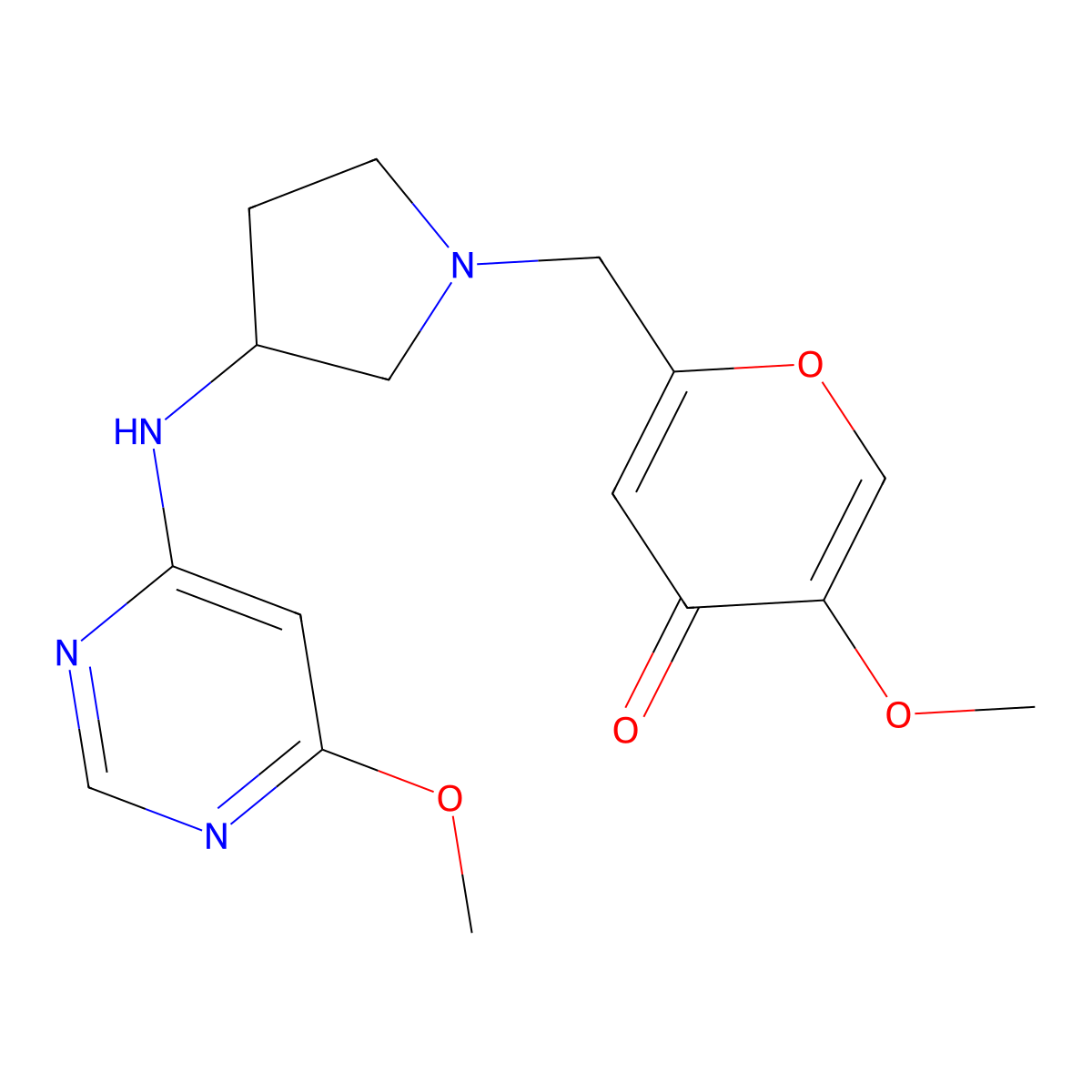 5-methoxy-2-({3-[(6-methoxypyrimidin-4-yl)amino]pyrrolidin-1-yl}methyl)-4H-pyran-4-one molecular structure, CAS 3054539-79-3
