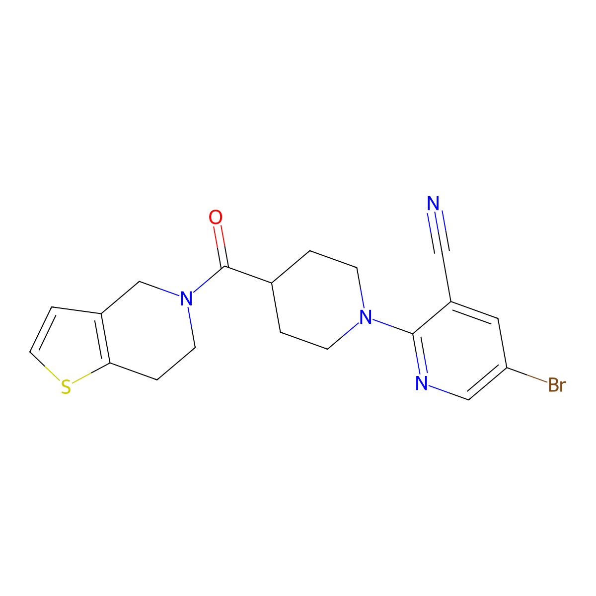 5-bromo-2-(4-{4H,5H,6H,7H-thieno[3,2-c]pyridine-5-carbonyl}piperidin-1-yl)pyridine-3-carbonitrile molecular structure, CAS 3054539-80-6