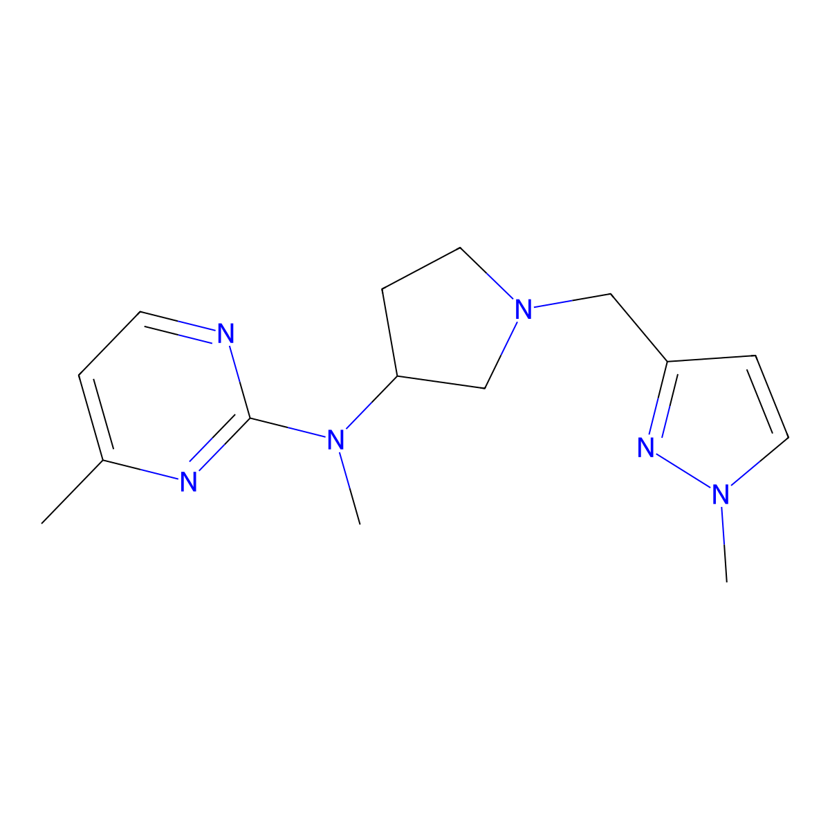 N,4-dimethyl-N-{1-[(1-methyl-1H-pyrazol-3-yl)methyl]pyrrolidin-3-yl}pyrimidin-2-amine molecular structure, CAS 3054539-82-8