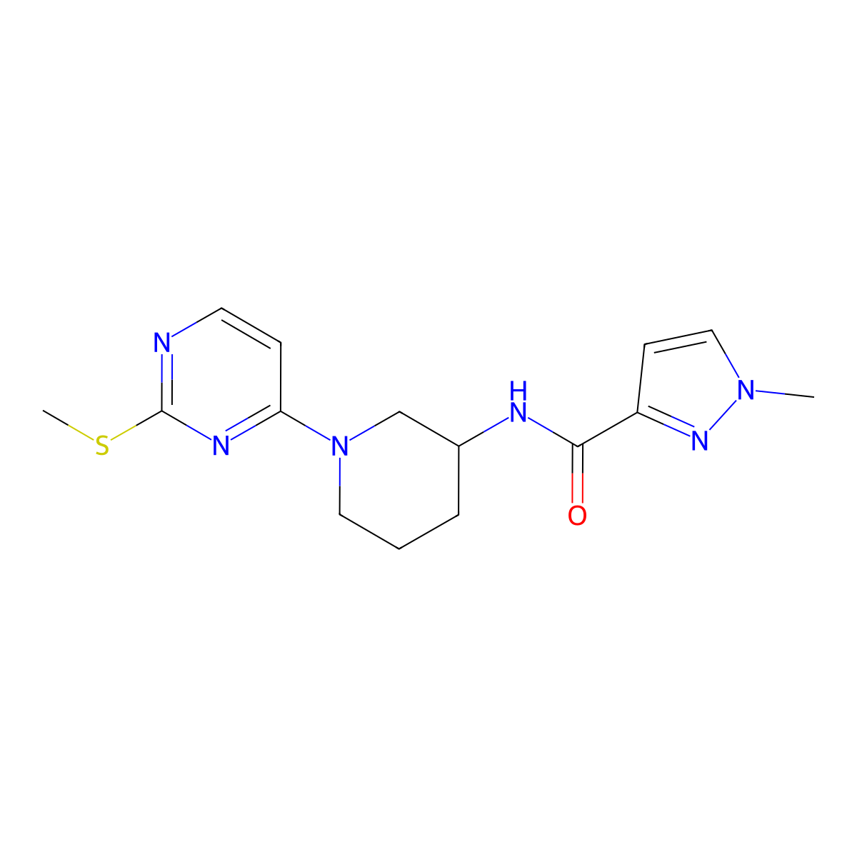 1-methyl-N-{1-[2-(methylsulfanyl)pyrimidin-4-yl]piperidin-3-yl}-1H-pyrazole-3-carboxamide molecular structure, CAS 3054539-86-2