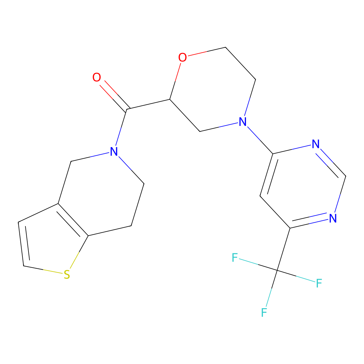 2-{4H,5H,6H,7H-thieno[3,2-c]pyridine-5-carbonyl}-4-[6-(trifluoromethyl)pyrimidin-4-yl]morpholine molecular structure, CAS 3054539-91-9