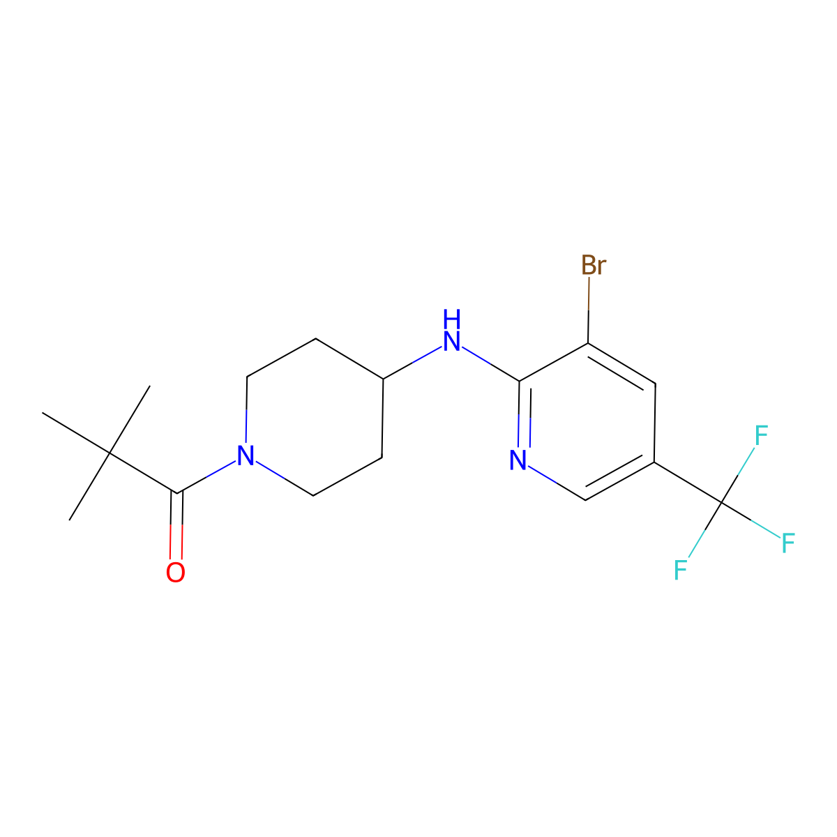 1-(4-{[3-Bromo-5-(trifluoromethyl)pyridin-2-yl]amino}piperidin-1-yl)-2,2-dimethylpropan-1-one molecular structure, CAS 3054539-98-6