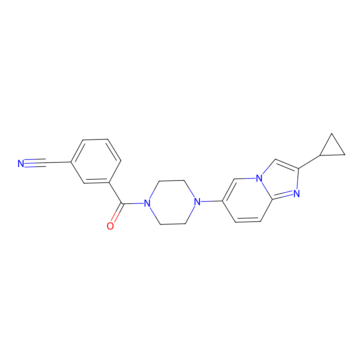 3-(4-{2-Cyclopropylimidazo[1,2-a]pyridin-6-yl}piperazine-1-carbonyl)benzonitrile molecular structure, CAS 3054539-99-7