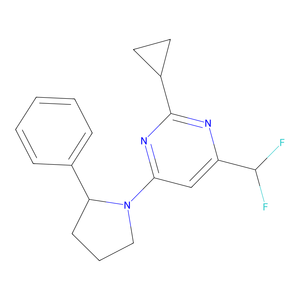 2-Cyclopropyl-4-(difluoromethyl)-6-(2-phenylpyrrolidin-1-yl)pyrimidine molecular structure, CAS 3054540-02-9