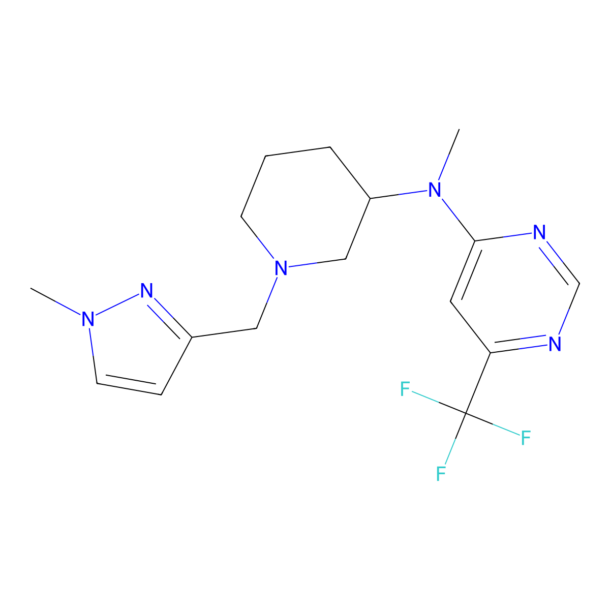 N-methyl-N-{1-[(1-methyl-1H-pyrazol-3-yl)methyl]piperidin-3-yl}-6-(trifluoromethyl)pyrimidin-4-amine molecular structure, CAS 3054540-04-1