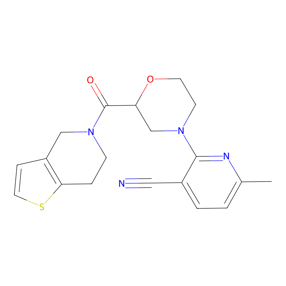 6-methyl-2-(2-{4H,5H,6H,7H-thieno[3,2-c]pyridine-5-carbonyl}morpholin-4-yl)pyridine-3-carbonitrile molecular structure, CAS 3054540-21-2