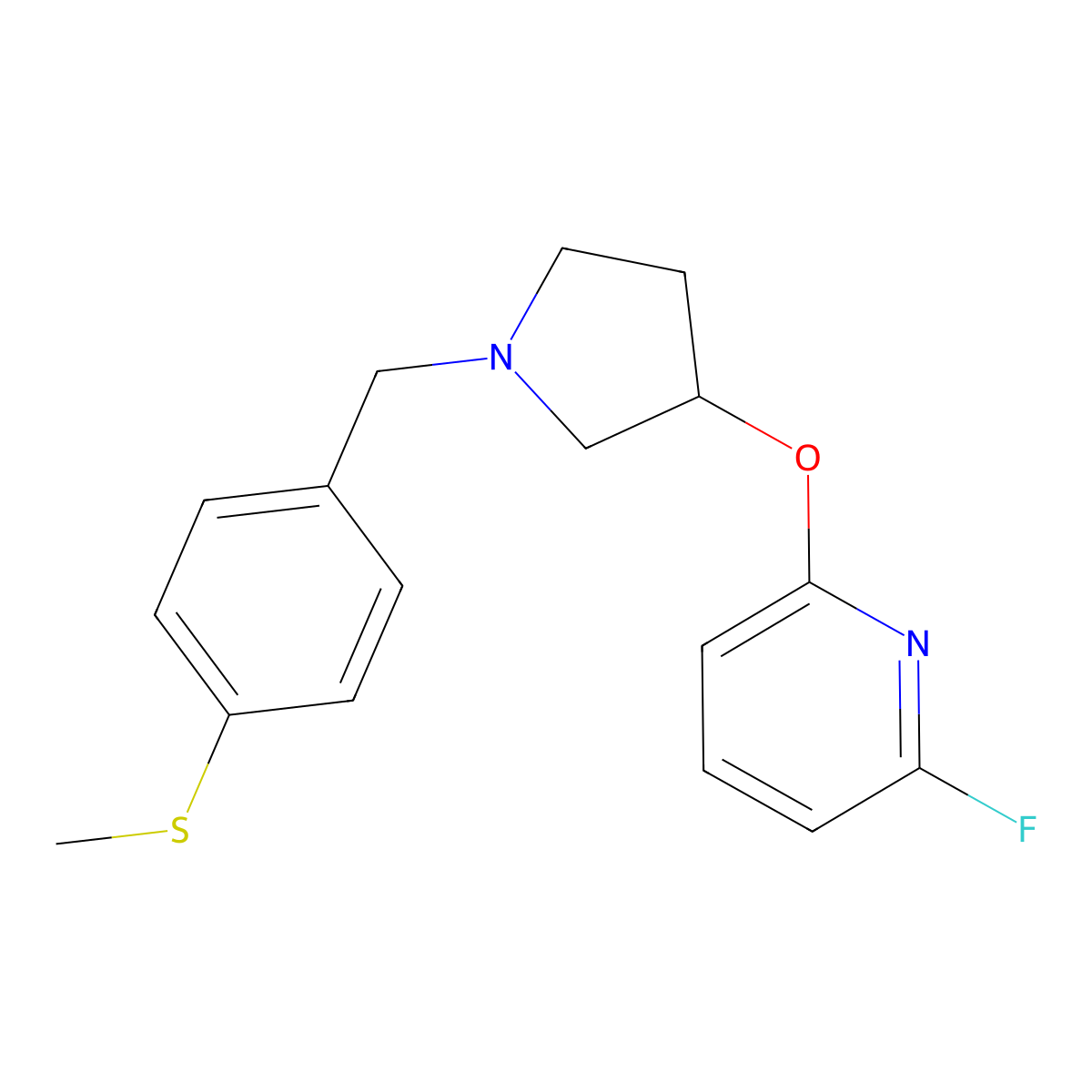 2-Fluoro-6-[(1-{[4-(methylsulfanyl)phenyl]methyl}pyrrolidin-3-yl)oxy]pyridine molecular structure, CAS 3054540-22-3