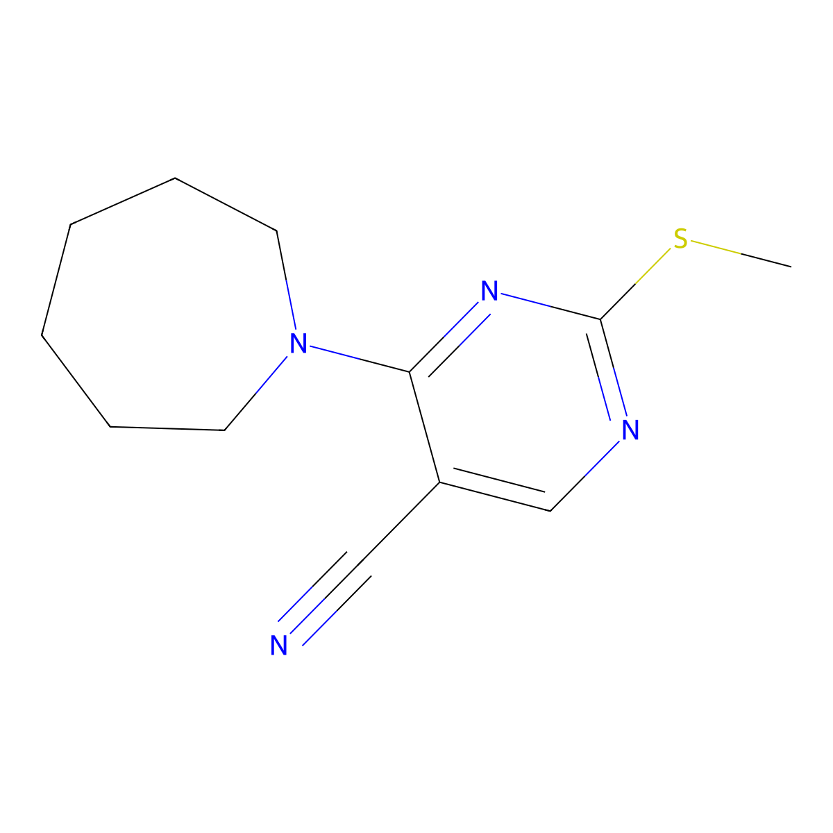 4-(Azepan-1-yl)-2-(methylsulfanyl)pyrimidine-5-carbonitrile molecular structure, CAS 3054540-24-5