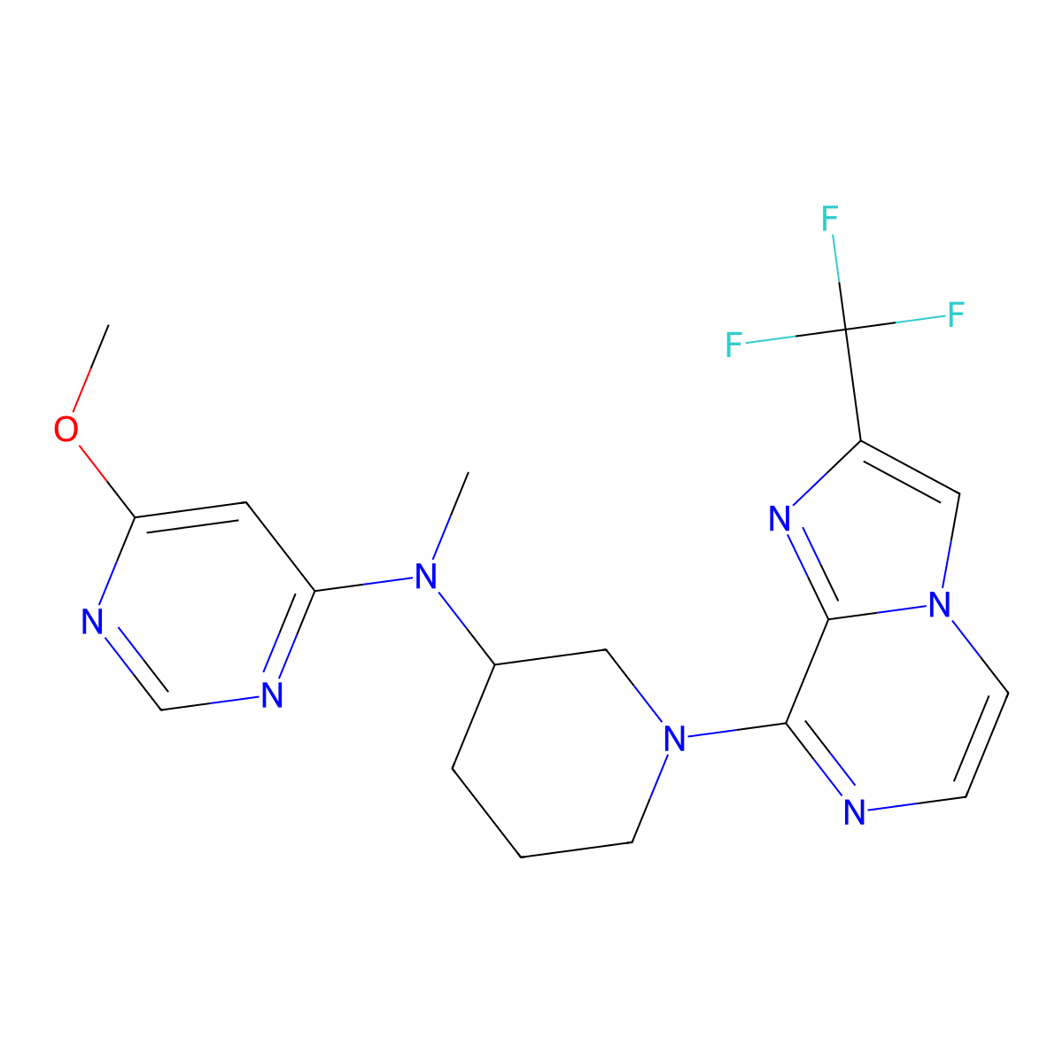 6-methoxy-N-methyl-N-{1-[2-(trifluoromethyl)imidazo[1,2-a]pyrazin-8-yl]piperidin-3-yl}pyrimidin-4-amine molecular structure, CAS 3054540-34-7