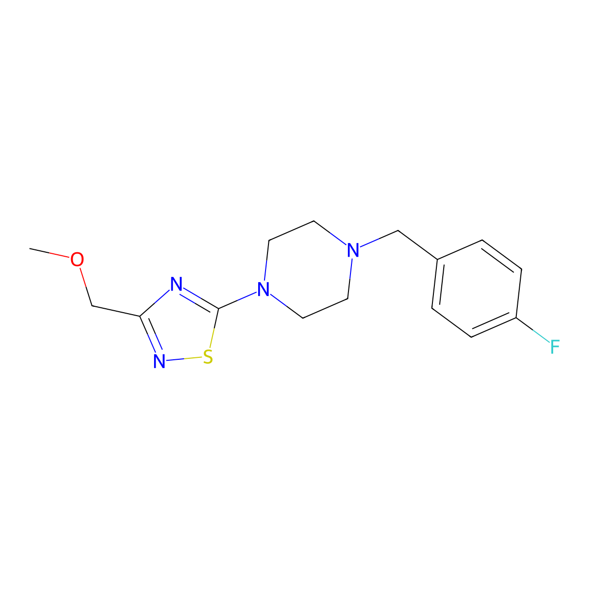 1-[(4-Fluorophenyl)methyl]-4-[3-(methoxymethyl)-1,2,4-thiadiazol-5-yl]piperazine molecular structure, CAS 3054540-36-9