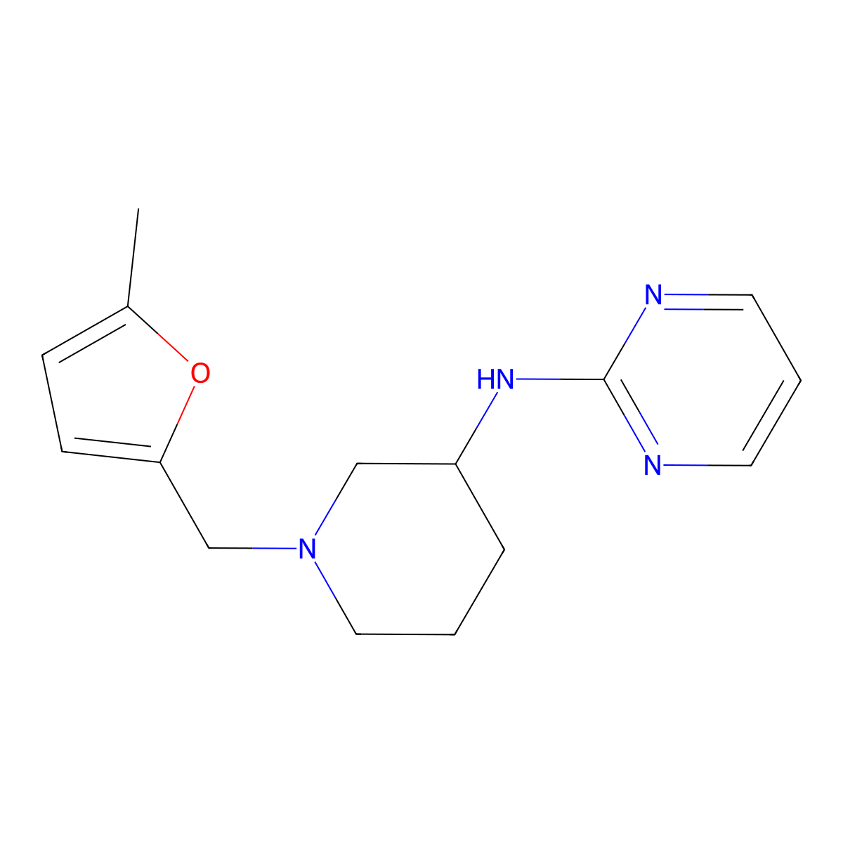 N-{1-[(5-methylfuran-2-yl)methyl]piperidin-3-yl}pyrimidin-2-amine molecular structure, CAS 3054540-37-0