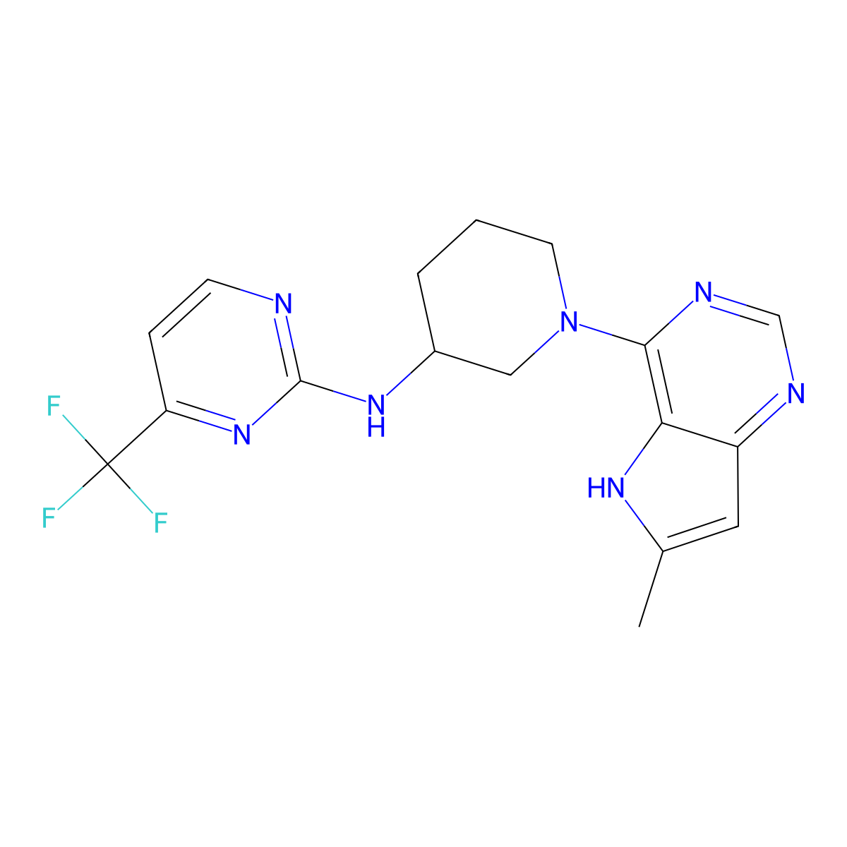 N-(1-{6-methyl-5H-pyrrolo[3,2-d]pyrimidin-4-yl}piperidin-3-yl)-4-(trifluoromethyl)pyrimidin-2-amine molecular structure, CAS 3054540-38-1