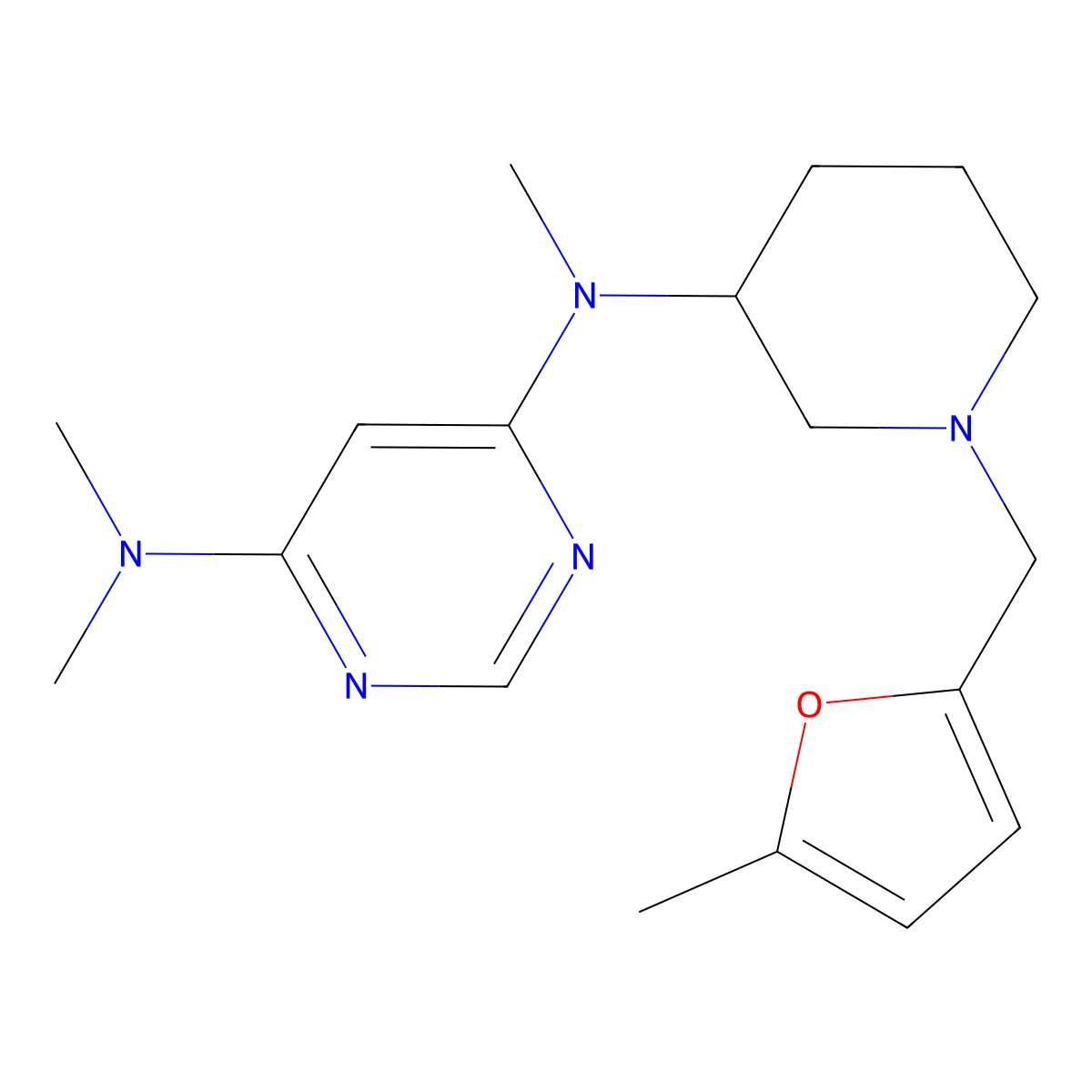 N4,N4,N6-trimethyl-N6-{1-[(5-methylfuran-2-yl)methyl]piperidin-3-yl}pyrimidine-4,6-diamine molecular structure, CAS 3054540-42-7