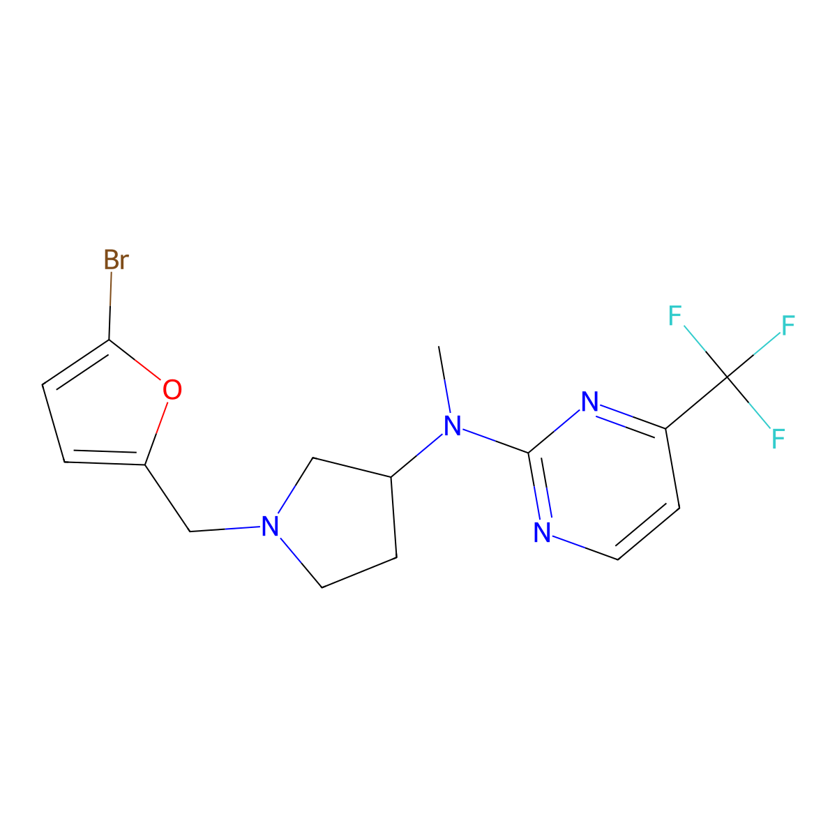 N-{1-[(5-bromofuran-2-yl)methyl]pyrrolidin-3-yl}-N-methyl-4-(trifluoromethyl)pyrimidin-2-amine molecular structure, CAS 3054540-43-8