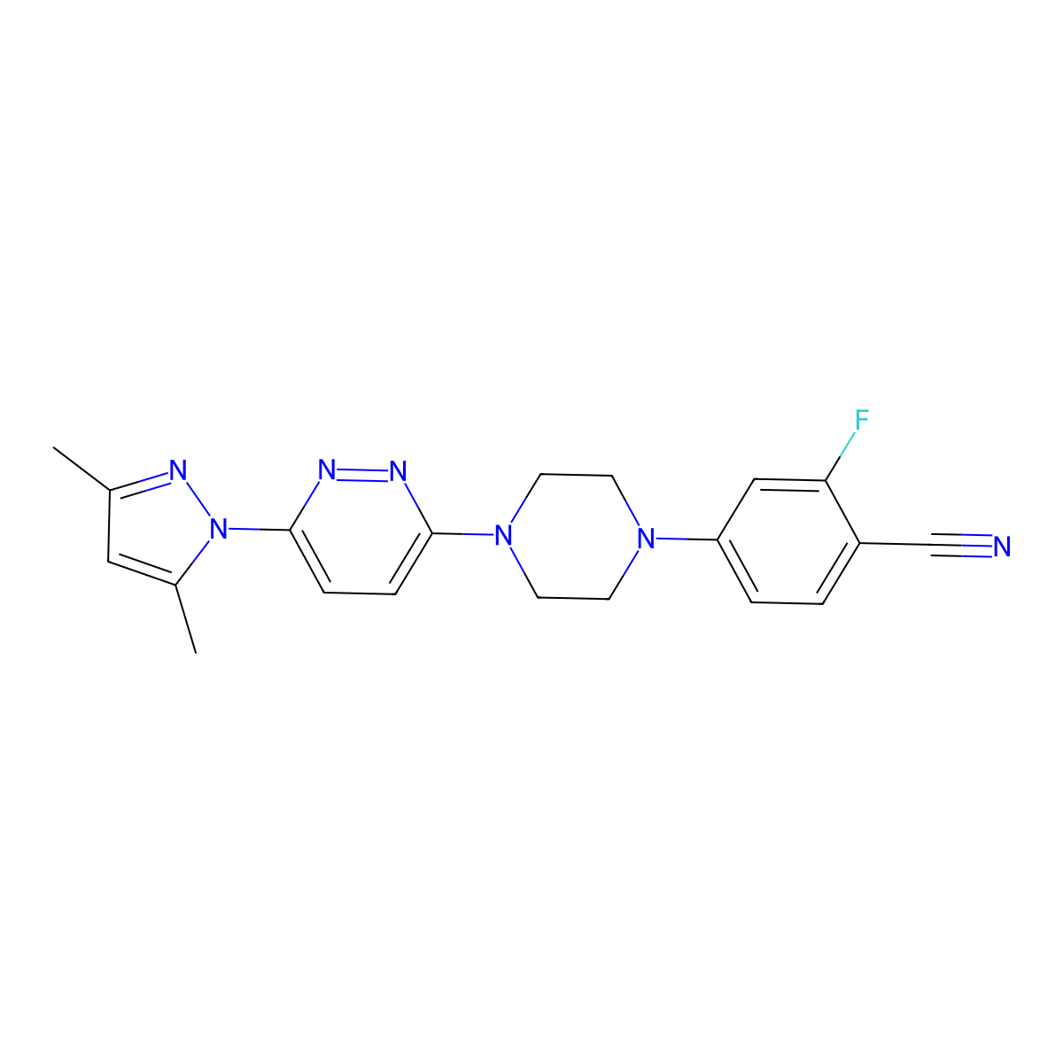 4-{4-[6-(3,5-dimethyl-1H-pyrazol-1-yl)pyridazin-3-yl]piperazin-1-yl}-2-fluorobenzonitrile molecular structure, CAS 3054540-47-2