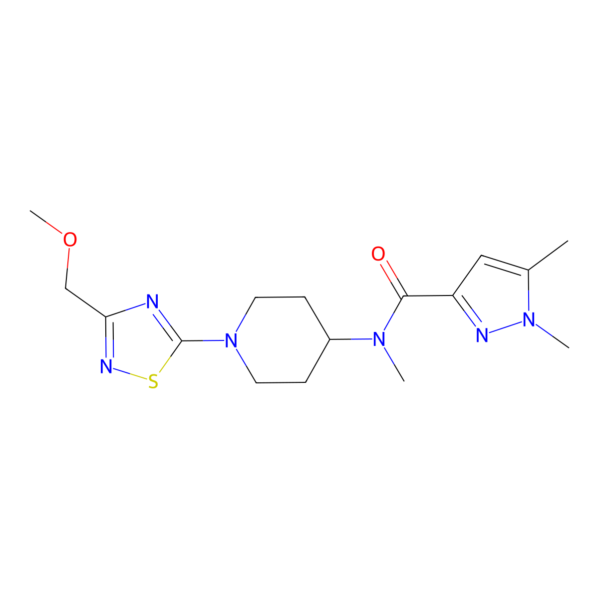 N-{1-[3-(methoxymethyl)-1,2,4-thiadiazol-5-yl]piperidin-4-yl}-N,1,5-trimethyl-1H-pyrazole-3-carboxamide molecular structure, CAS 3054540-58-5