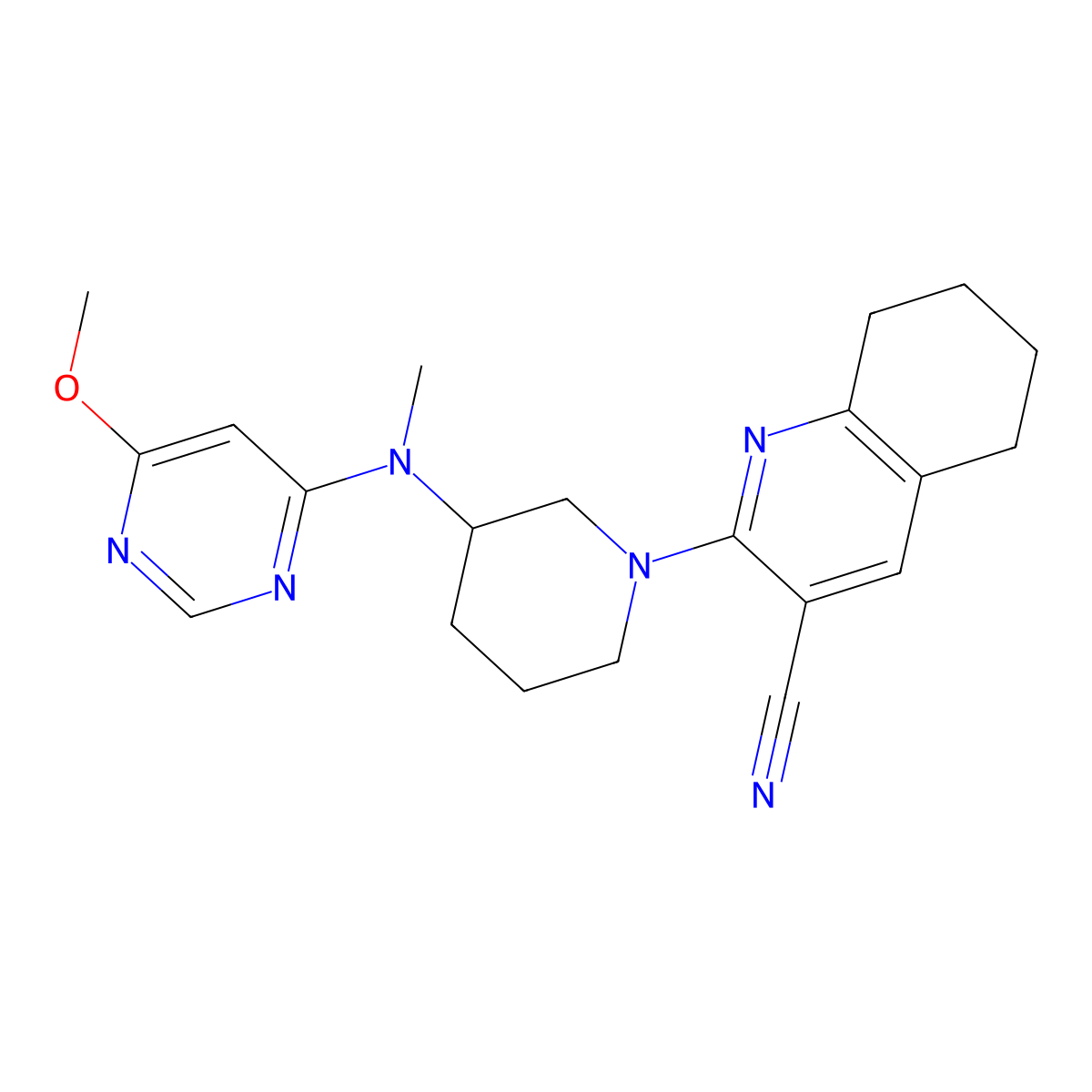 2-{3-[(6-Methoxypyrimidin-4-yl)(methyl)amino]piperidin-1-yl}-5,6,7,8-tetrahydroquinoline-3-carbonitrile molecular structure, CAS 3054540-70-1