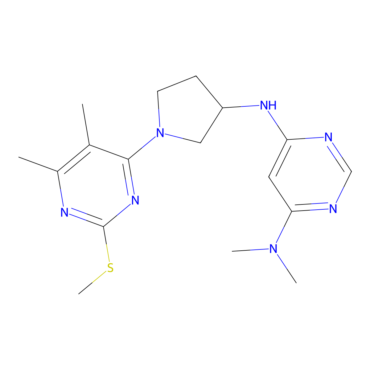 6-N-[1-(5,6-dimethyl-2-methylsulfanylpyrimidin-4-yl)pyrrolidin-3-yl]-4-N,4-N-dimethylpyrimidine-4,6-diamine molecular structure, CAS 3054540-79-0