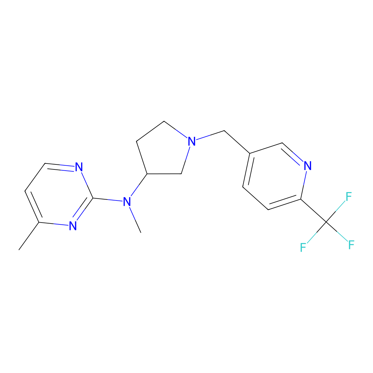 N,4-dimethyl-N-(1-{[6-(trifluoromethyl)pyridin-3-yl]methyl}pyrrolidin-3-yl)pyrimidin-2-amine molecular structure, CAS 3054540-84-7