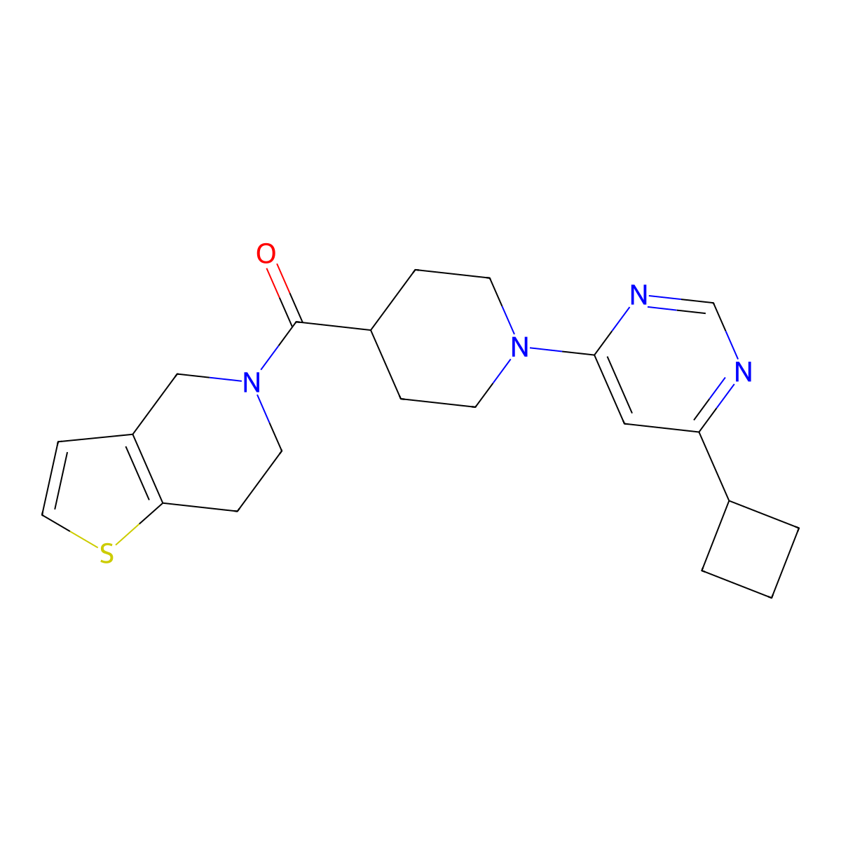 4-cyclobutyl-6-(4-{4H,5H,6H,7H-thieno[3,2-c]pyridine-5-carbonyl}piperidin-1-yl)pyrimidine molecular structure, CAS 3054540-85-8