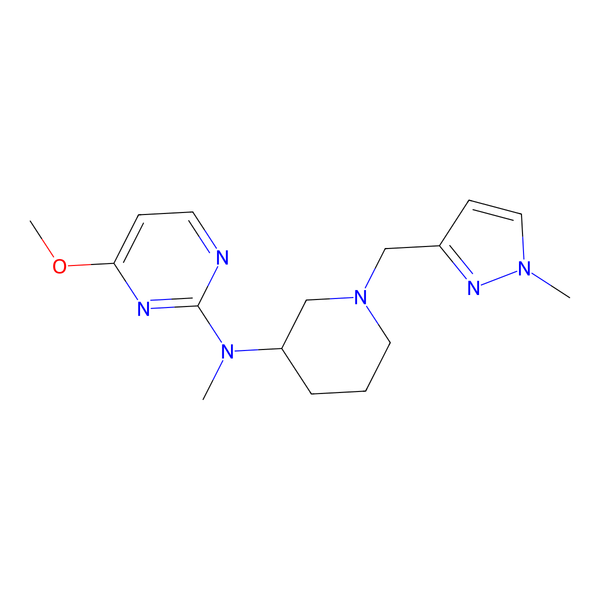 4-methoxy-N-methyl-N-{1-[(1-methyl-1H-pyrazol-3-yl)methyl]piperidin-3-yl}pyrimidin-2-amine molecular structure, CAS 3054540-93-8