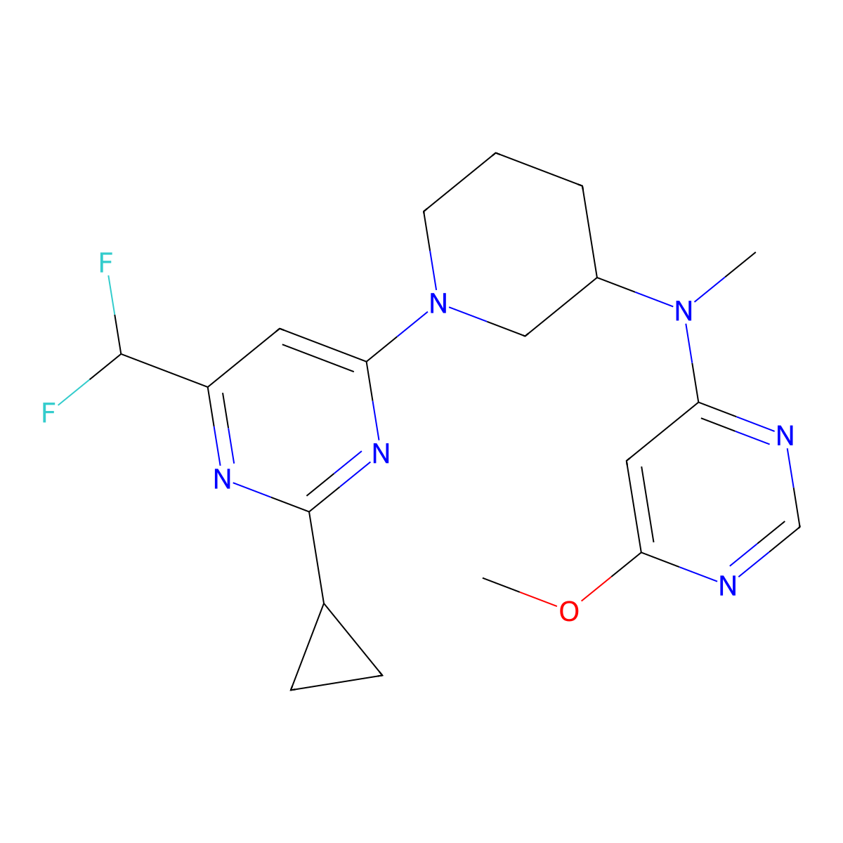 N-{1-[2-cyclopropyl-6-(difluoromethyl)pyrimidin-4-yl]piperidin-3-yl}-6-methoxy-N-methylpyrimidin-4-amine molecular structure, CAS 3054540-94-9