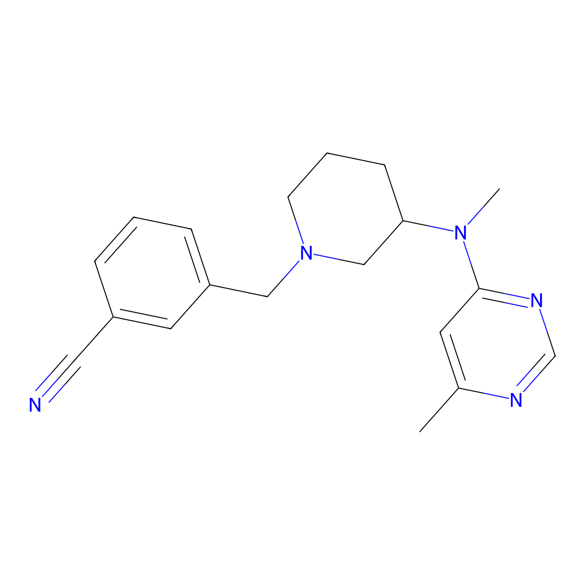 3-({3-[Methyl(6-methylpyrimidin-4-yl)amino]piperidin-1-yl}methyl)benzonitrile molecular structure, CAS 3054540-99-4