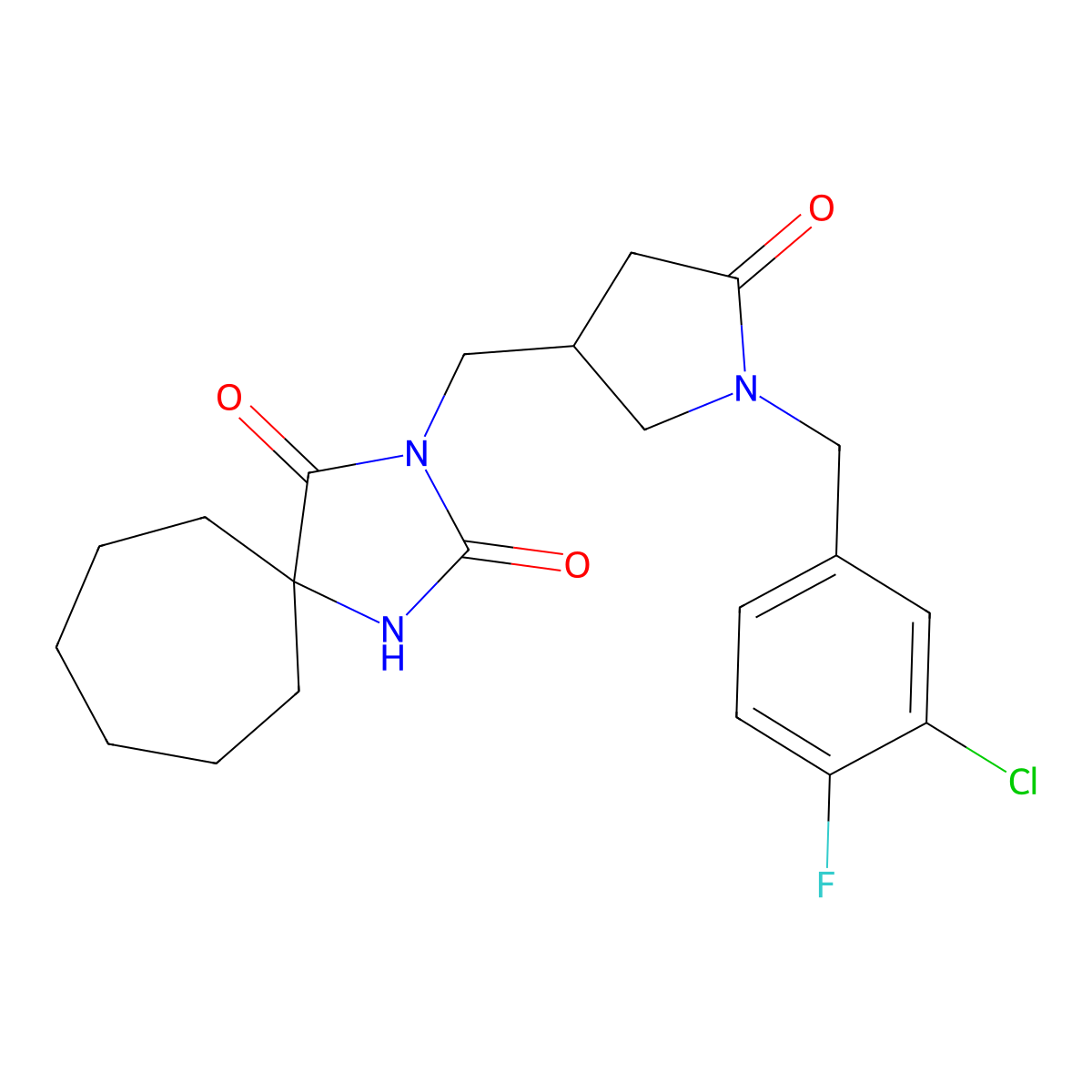 3-({1-[(3-Chloro-4-fluorophenyl)methyl]-5-oxopyrrolidin-3-yl}methyl)-1,3-diazaspiro[4.6]undecane-2,4-dione molecular structure, CAS 3054541-03-3
