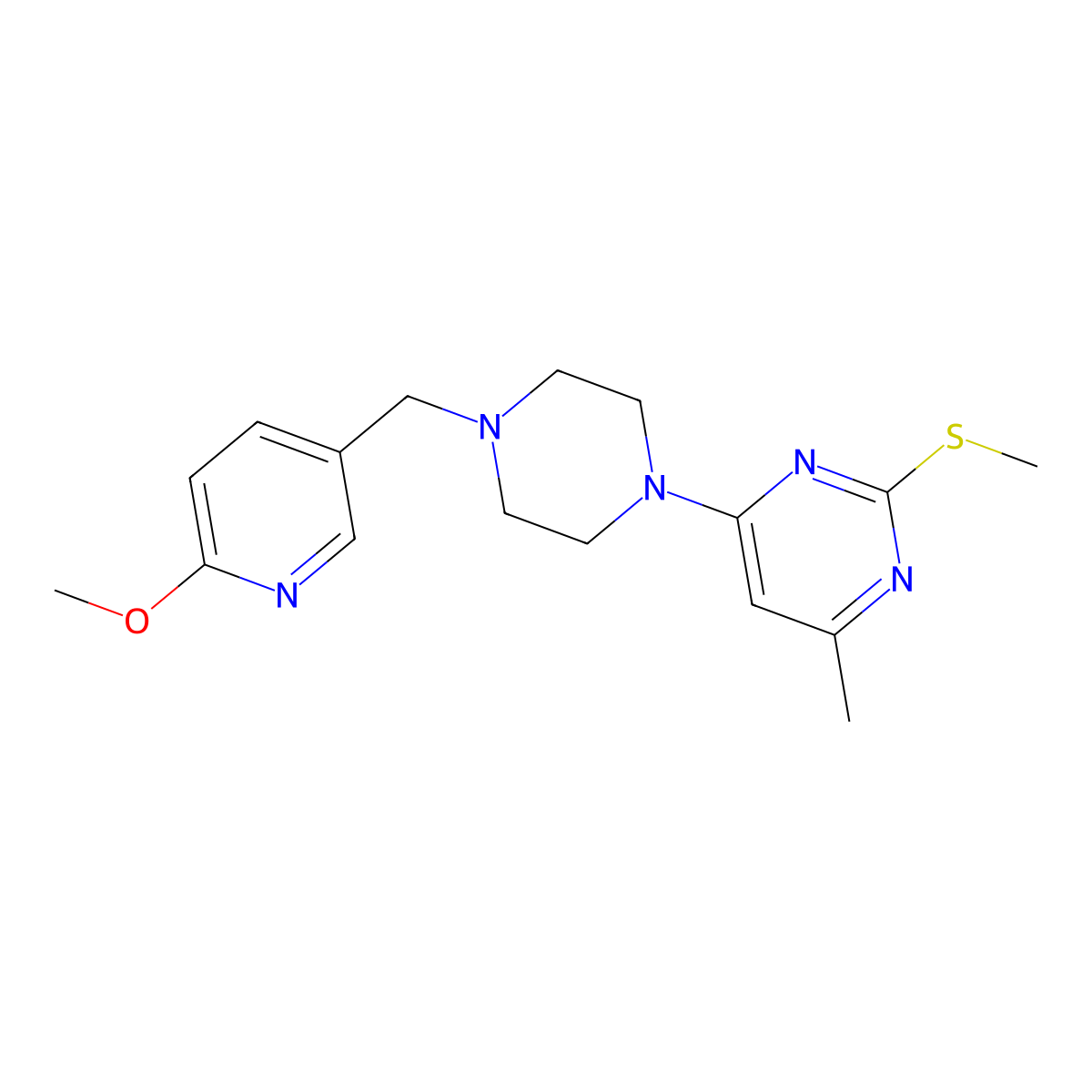 4-{4-[(6-Methoxypyridin-3-yl)methyl]piperazin-1-yl}-6-methyl-2-(methylsulfanyl)pyrimidine molecular structure, CAS 3054541-06-6