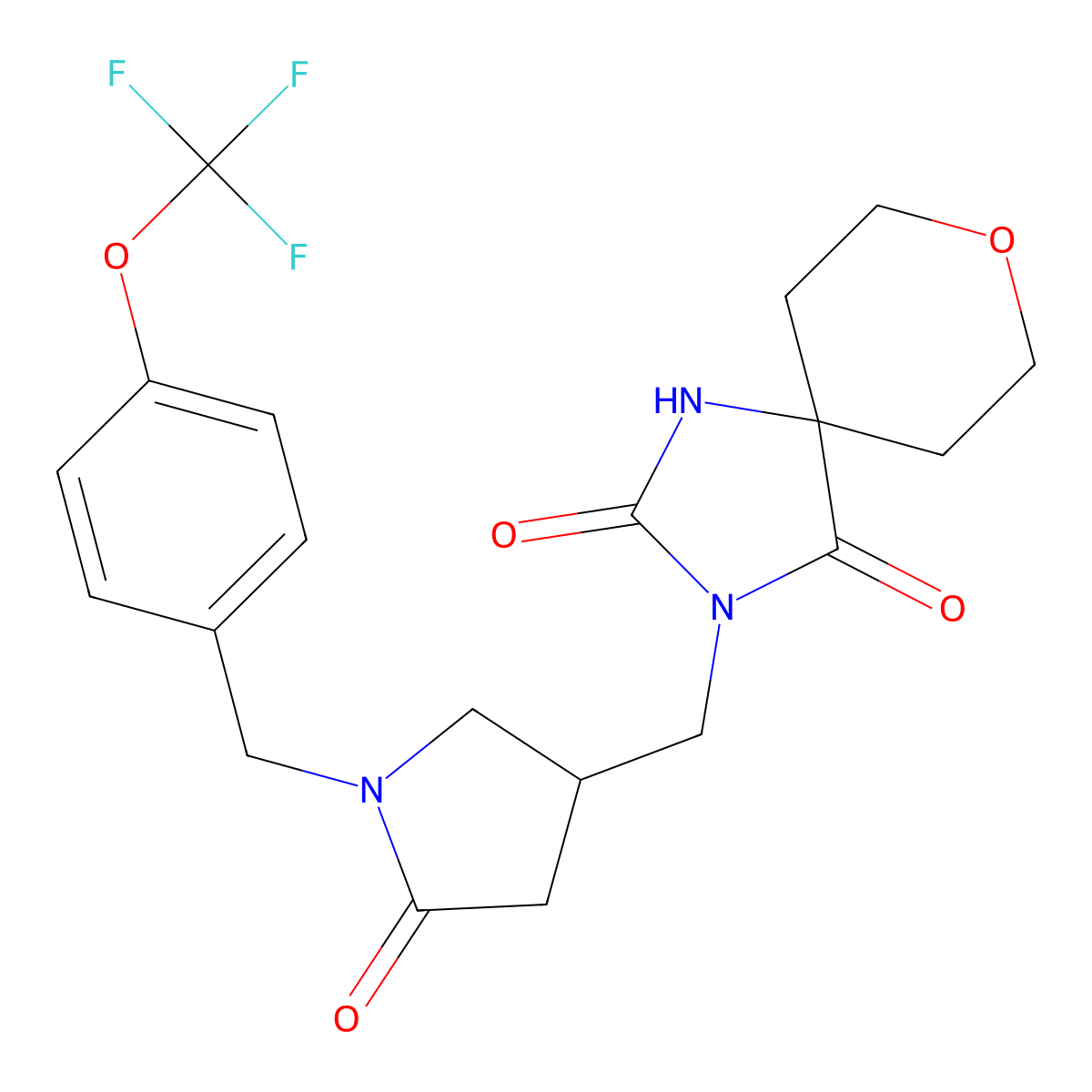3-[(5-Oxo-1-{[4-(trifluoromethoxy)phenyl]methyl}pyrrolidin-3-yl)methyl]-8-oxa-1,3-diazaspiro[4.5]decane-2,4-dione molecular structure, CAS 3054541-13-5