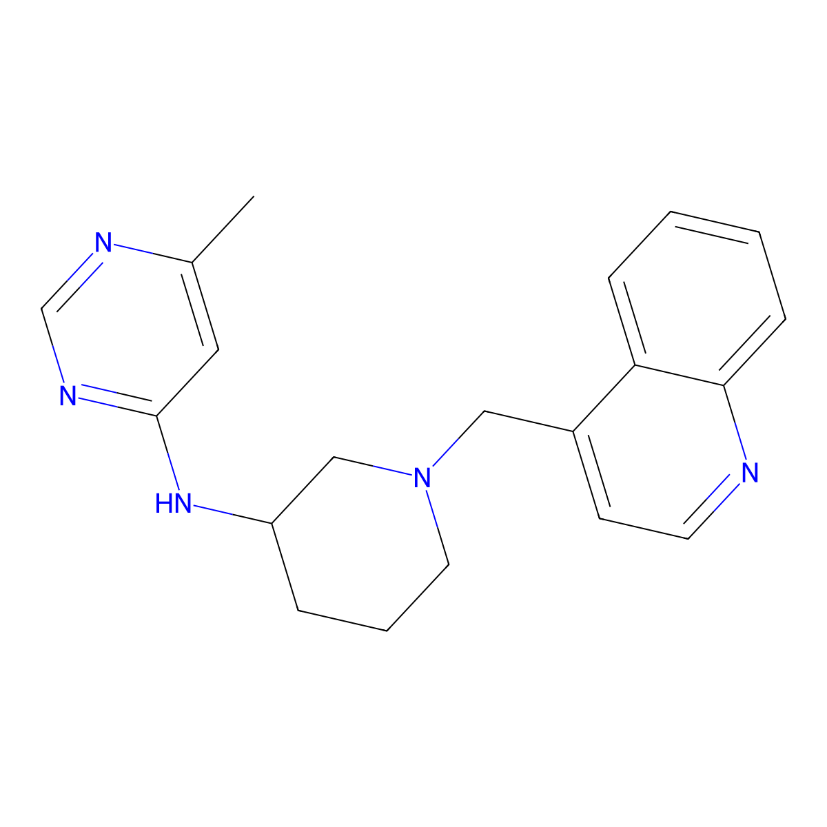 6-methyl-N-{1-[(quinolin-4-yl)methyl]piperidin-3-yl}pyrimidin-4-amine molecular structure, CAS 3054541-25-9
