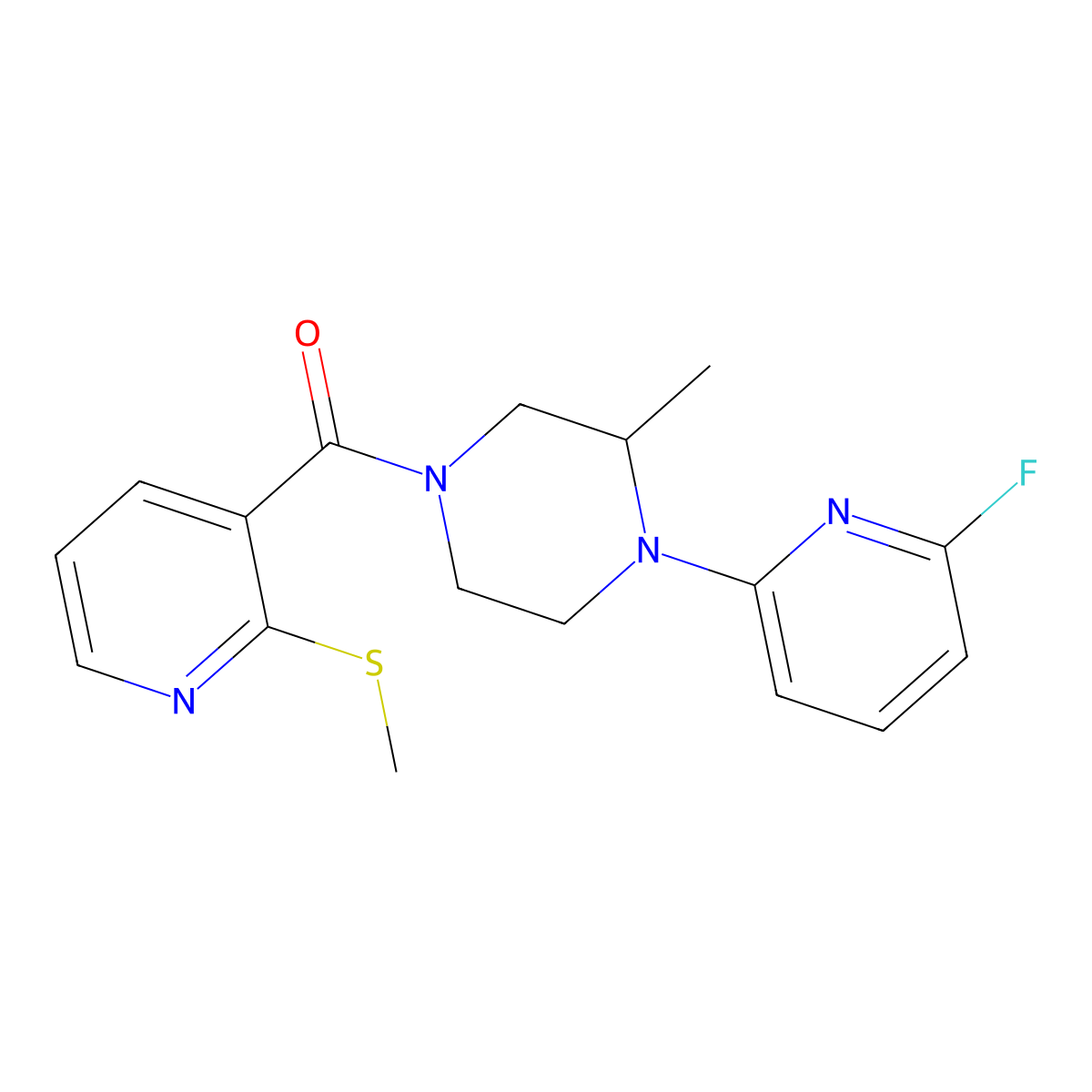 1-(6-Fluoropyridin-2-yl)-2-methyl-4-[2-(methylsulfanyl)pyridine-3-carbonyl]piperazine molecular structure, CAS 3054541-27-1