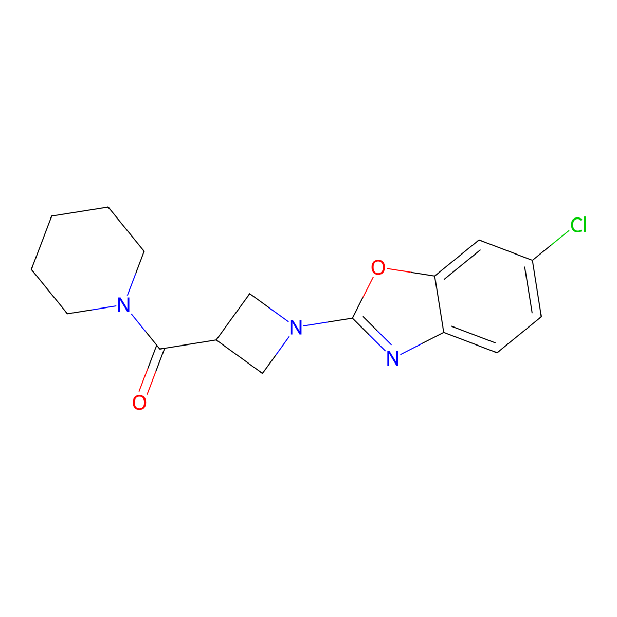 6-Chloro-2-[3-(piperidine-1-carbonyl)azetidin-1-yl]-1,3-benzoxazole molecular structure, CAS 3054541-40-8