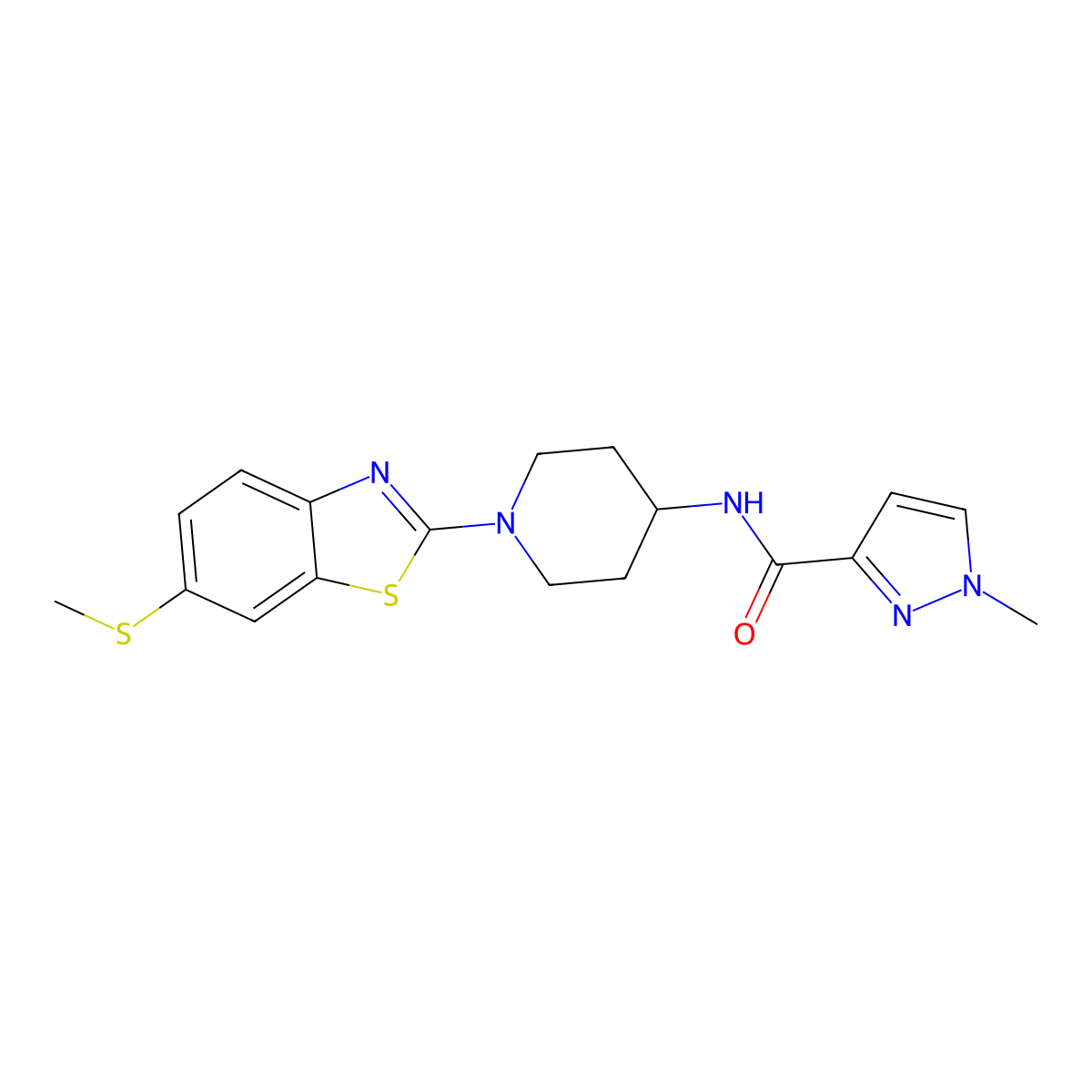 1-methyl-N-{1-[6-(methylsulfanyl)-1,3-benzothiazol-2-yl]piperidin-4-yl}-1H-pyrazole-3-carboxamide molecular structure, CAS 3054541-41-9