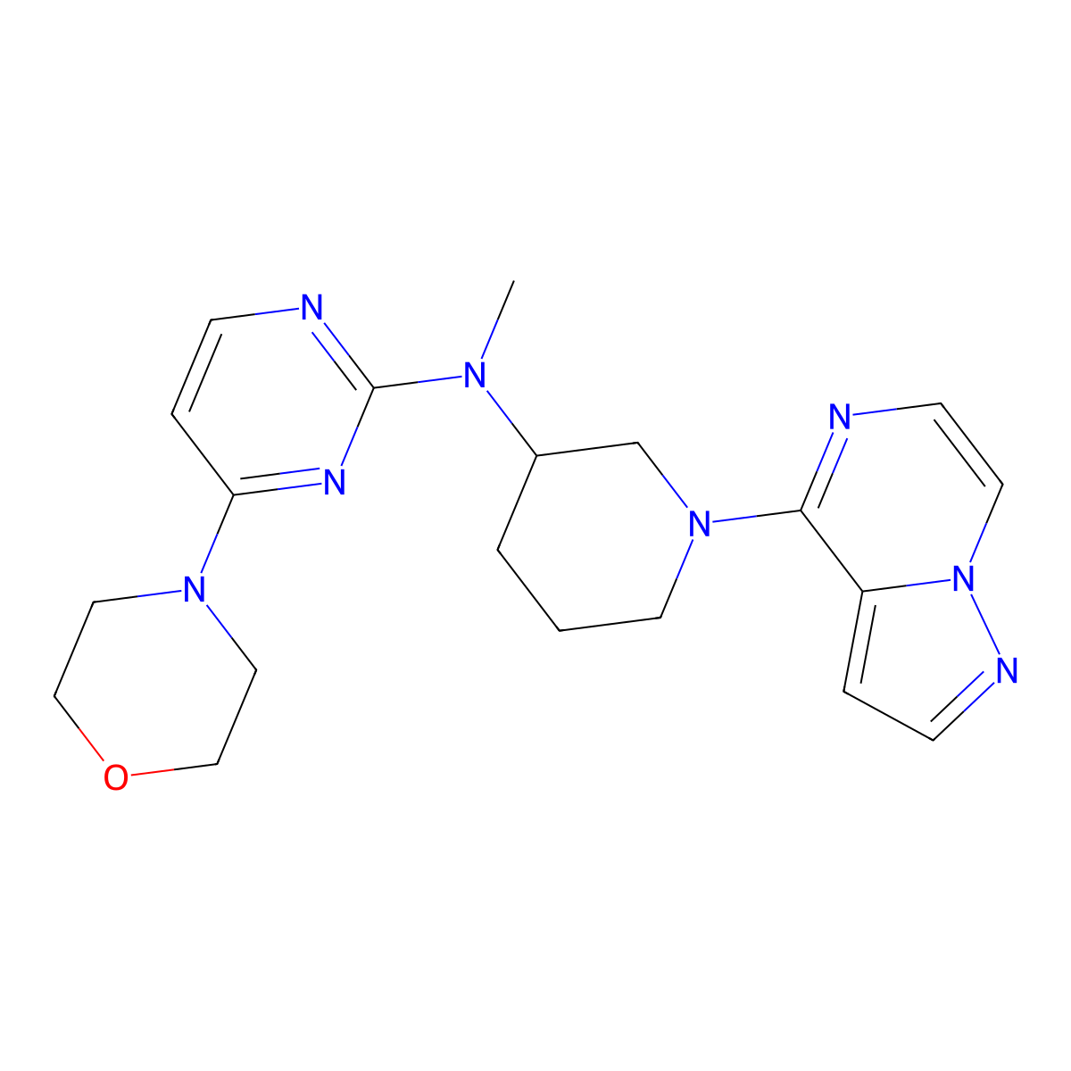 N-methyl-4-(morpholin-4-yl)-N-(1-{pyrazolo[1,5-a]pyrazin-4-yl}piperidin-3-yl)pyrimidin-2-amine molecular structure, CAS 3054541-56-6