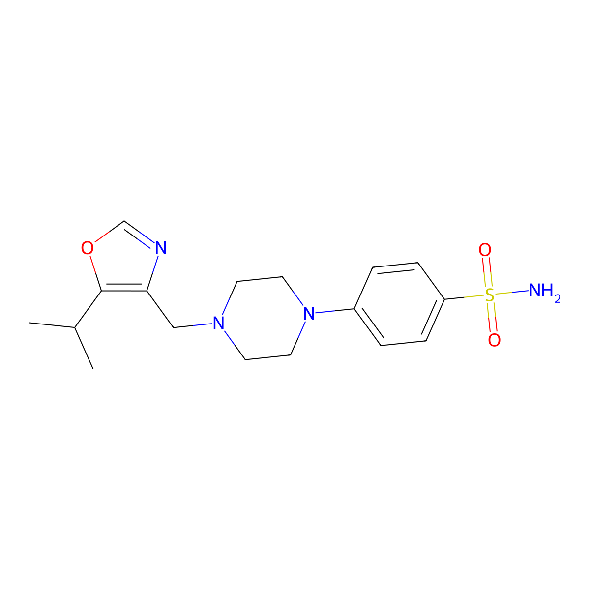 4-(4-{[5-(Propan-2-yl)-1,3-oxazol-4-yl]methyl}piperazin-1-yl)benzene-1-sulfonamide molecular structure, CAS 3054541-57-7