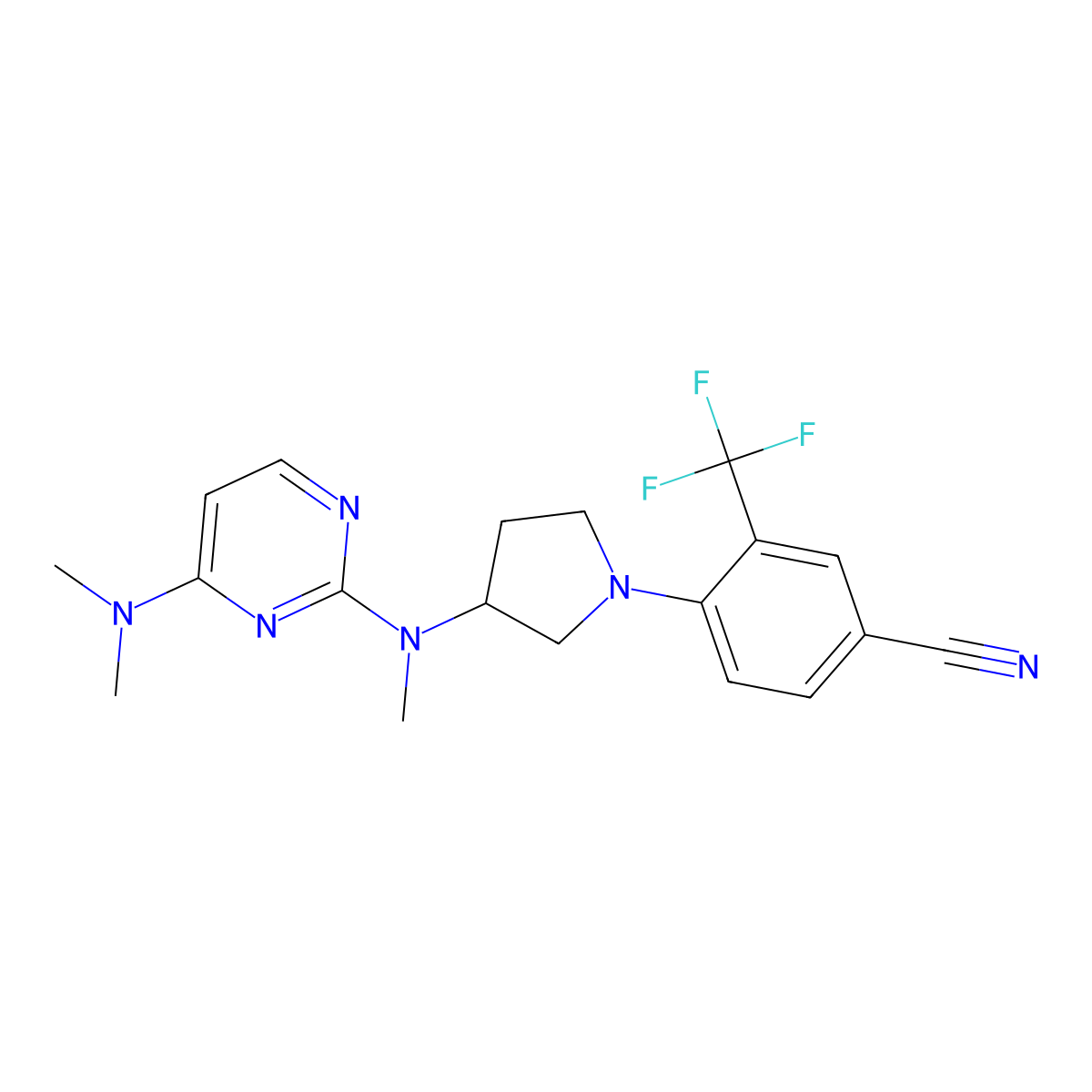 4-(3-{[4-(Dimethylamino)pyrimidin-2-yl](methyl)amino}pyrrolidin-1-yl)-3-(trifluoromethyl)benzonitrile molecular structure, CAS 3054541-61-3