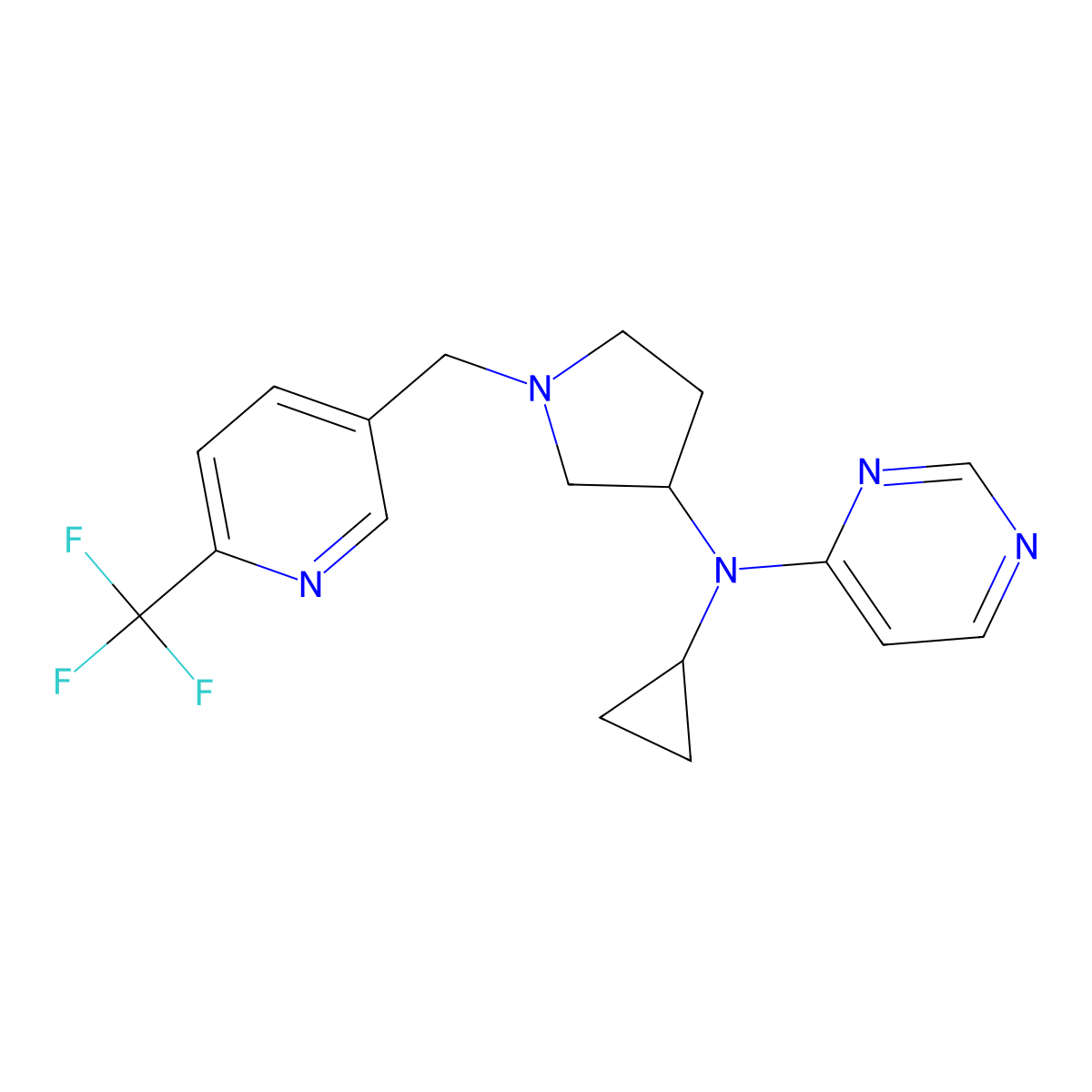 N-cyclopropyl-N-(1-{[6-(trifluoromethyl)pyridin-3-yl]methyl}pyrrolidin-3-yl)pyrimidin-4-amine molecular structure, CAS 3054541-64-6