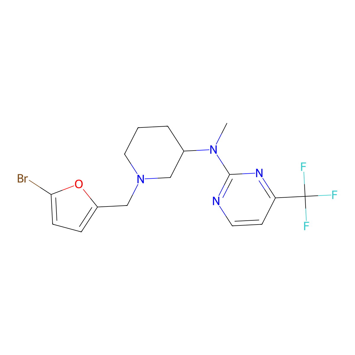N-{1-[(5-bromofuran-2-yl)methyl]piperidin-3-yl}-N-methyl-4-(trifluoromethyl)pyrimidin-2-amine molecular structure, CAS 3054541-67-9