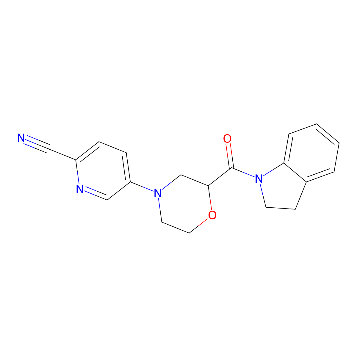 5-[2-(2,3-dihydro-1H-indole-1-carbonyl)morpholin-4-yl]pyridine-2-carbonitrile molecular structure, CAS 3054541-79-3