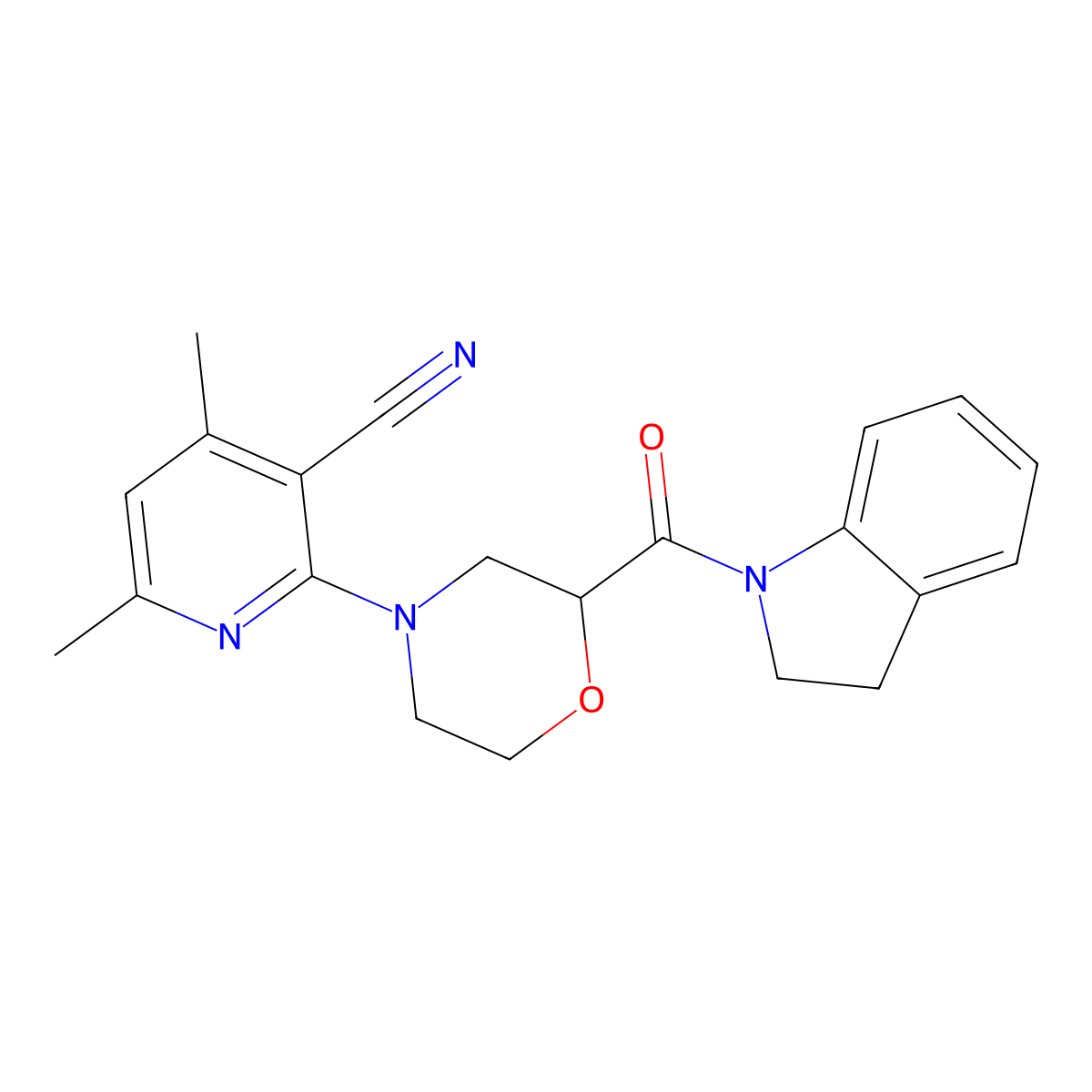 2-[2-(2,3-dihydro-1H-indole-1-carbonyl)morpholin-4-yl]-4,6-dimethylpyridine-3-carbonitrile molecular structure, CAS 3054541-83-9
