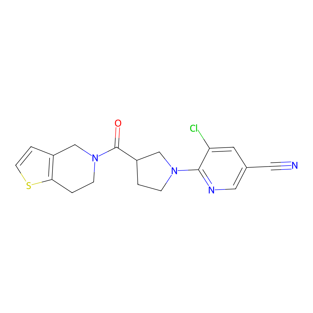 5-chloro-6-(3-{4H,5H,6H,7H-thieno[3,2-c]pyridine-5-carbonyl}pyrrolidin-1-yl)pyridine-3-carbonitrile molecular structure, CAS 3054541-85-1