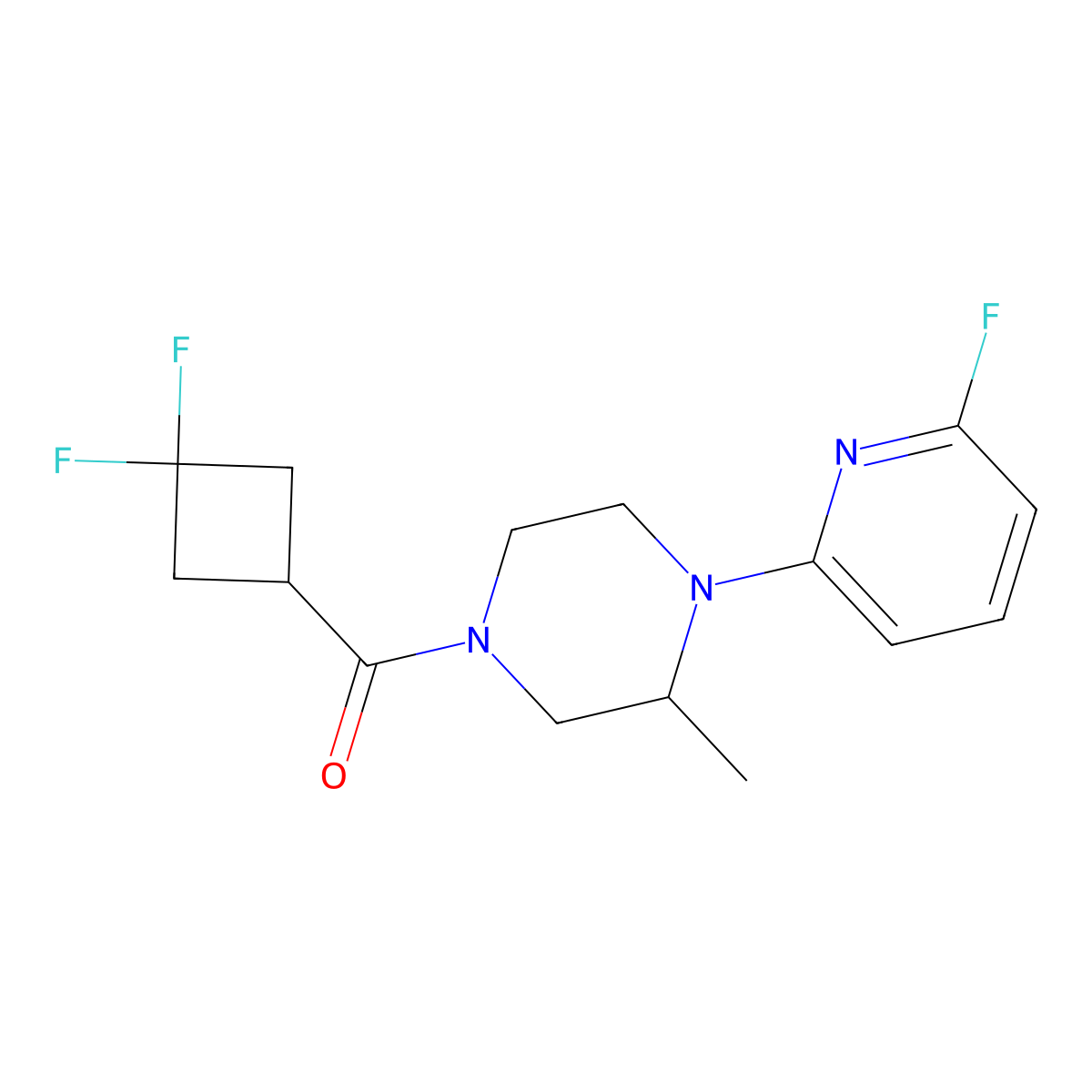 (3,3-Difluorocyclobutyl)-[4-(6-fluoropyridin-2-yl)-3-methylpiperazin-1-yl]methanone molecular structure, CAS 3054541-86-2