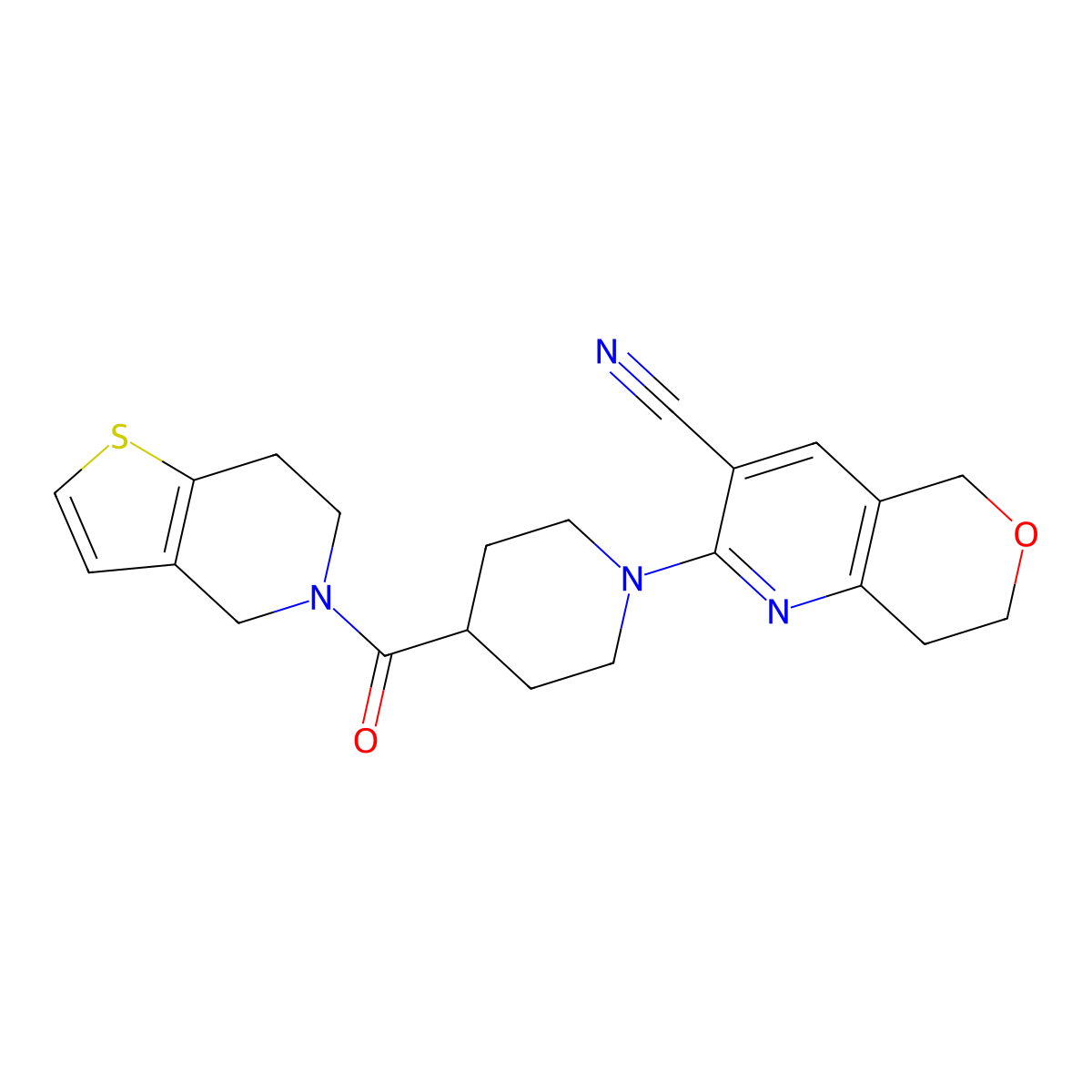 2-(4-{4H,5H,6H,7H-thieno[3,2-c]pyridine-5-carbonyl}piperidin-1-yl)-5H,7H,8H-pyrano[4,3-b]pyridine-3-carbonitrile molecular structure, CAS 3054541-89-5