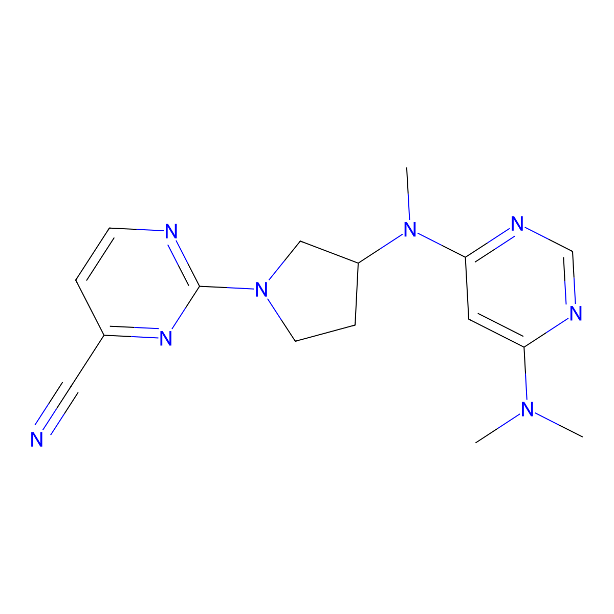 2-(3-{[6-(Dimethylamino)pyrimidin-4-yl](methyl)amino}pyrrolidin-1-yl)pyrimidine-4-carbonitrile molecular structure, CAS 3054541-92-0